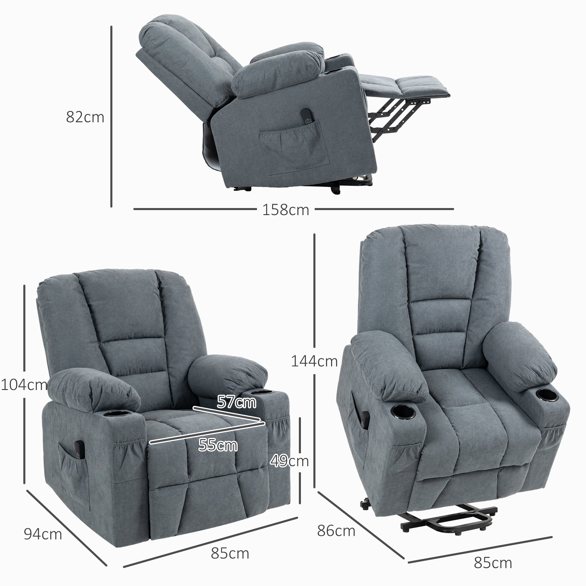 HOMCOM Oversized Riser and Recliner Chairs for the Elderly, Fabric Upholstered Lift Chair for Living Room with Remote Control, Side Pockets, Cup Holder, Grey