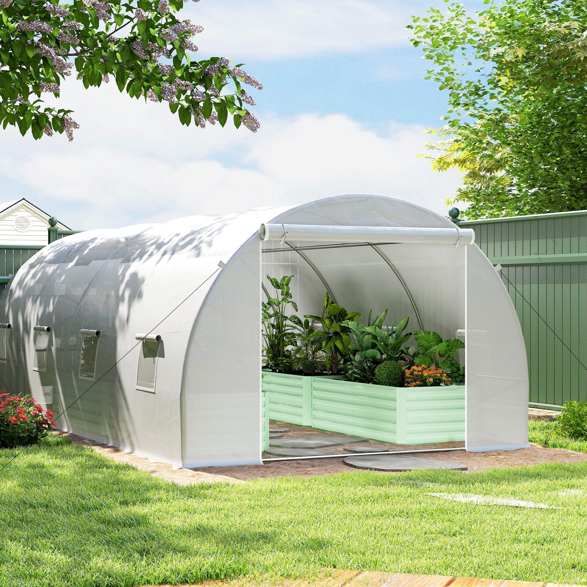 Outsunny 6 x 3 x 2 m Polytunnel Greenhouse, Walk in Polytunnel Tent with Metal Frame, Zippered Door and 8 Windows for Garden and Backyard, White