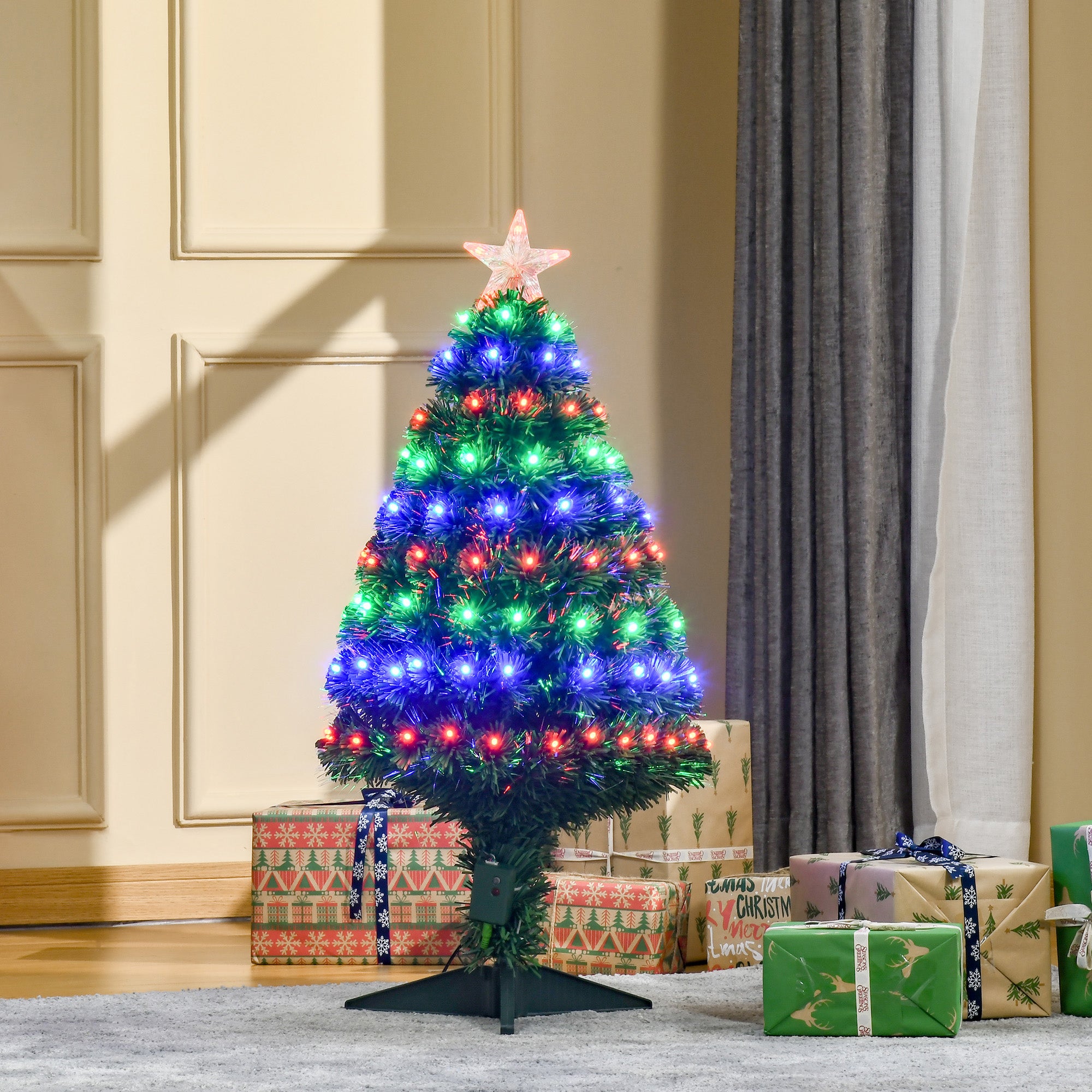 HOMCOM 3 Feet Prelit Artificial Christmas Tree with Multi-Coloured Fiber Optic LED Light, Holiday Home Xmas Decoration, Green - North Peak Garden Furniture