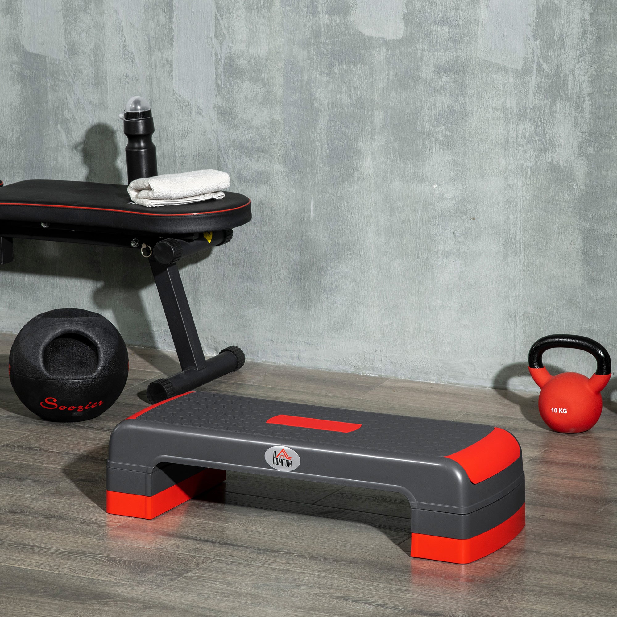 HOMCOM Aerobic Step, 10cm, 15cm & 20cm Height Adjustable Exercise Stepper for Exercise Workout, Nonslip Step Board Great for Home & Office, Grey and Red - North Peak Garden Furniture