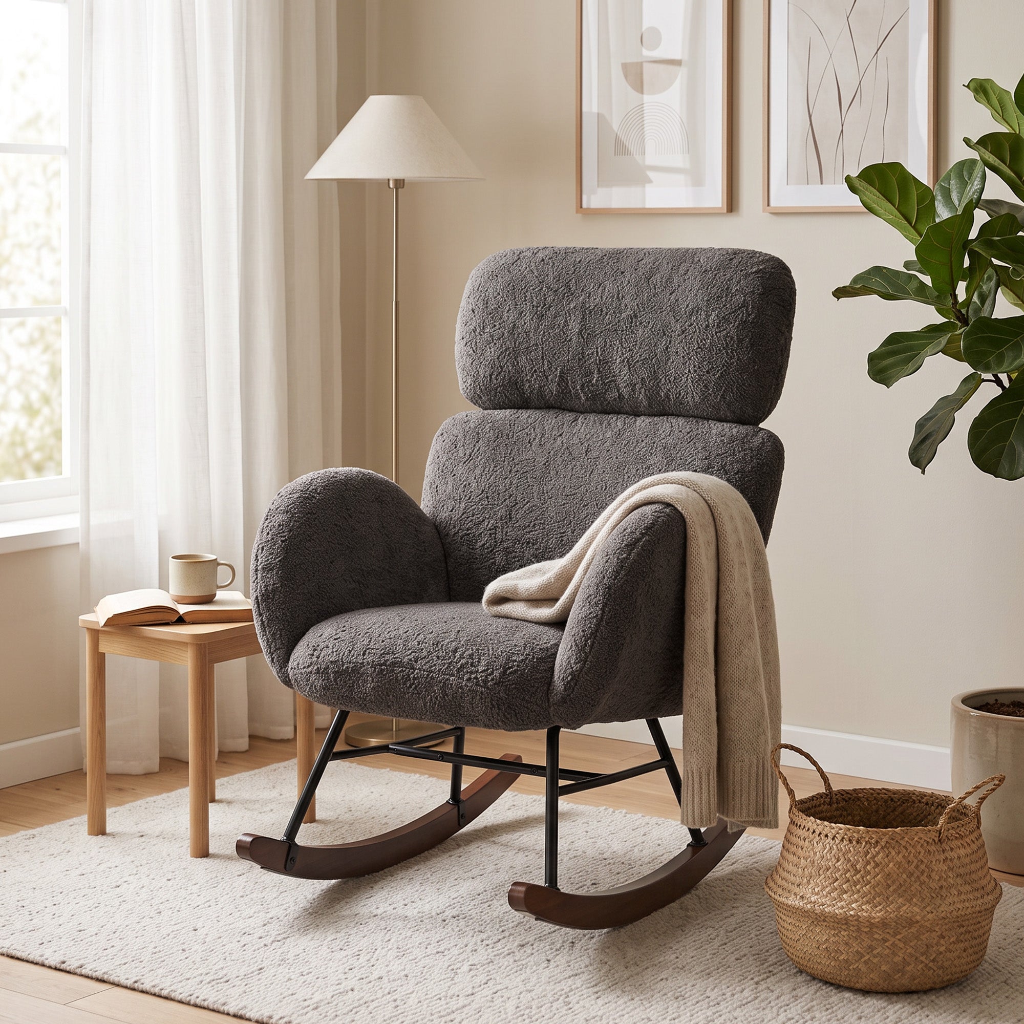 HOMCOM Upholstered Rocking Chair Adjustable Headrest Rocker Chair Raindrop Velvet Rubberwood Base Dark Grey