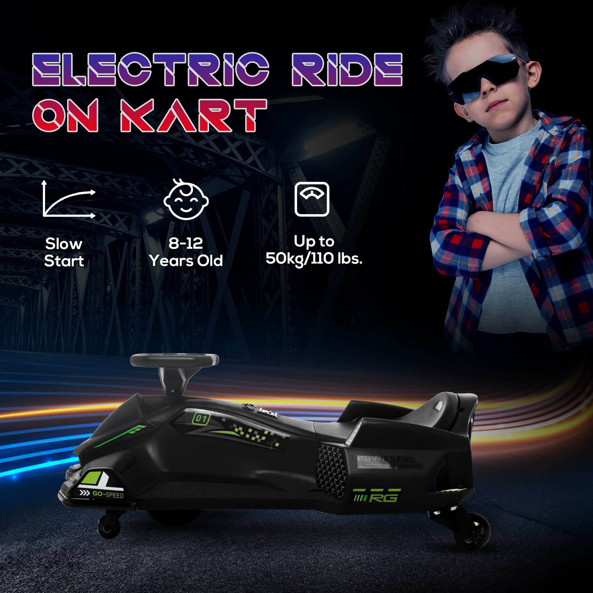 HOMCOM 12V Kids Electric Go Kart with Music, LED Lights, Slow Start, Black - North Peak Garden Furniture