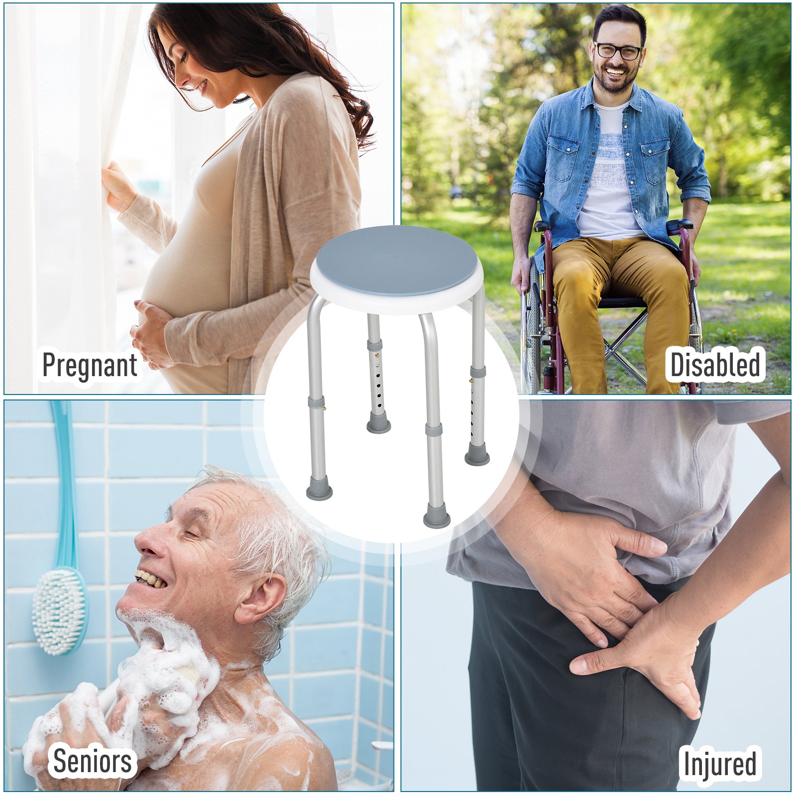 HOMCOM 360° Swivel Shower Chair, Height Adjustable Aluminium Shower Stool with Non-Slip Feet for Disabled, Elderly, Blue - North Peak Garden Furniture