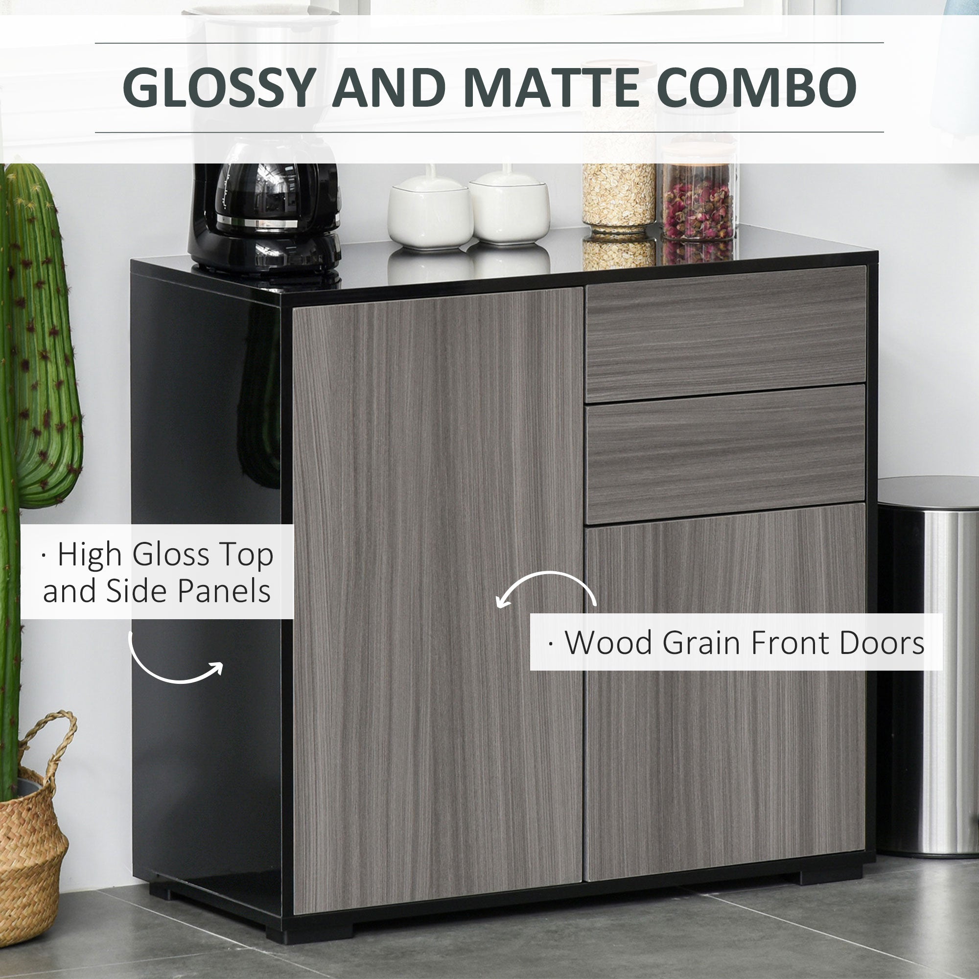 HOMCOM High Gloss Frame Sideboard, Side Cabinet, Push-Open Design with 2 Drawer for Living Room, Bedroom, Light Grey and Black - North Peak Garden Furniture
