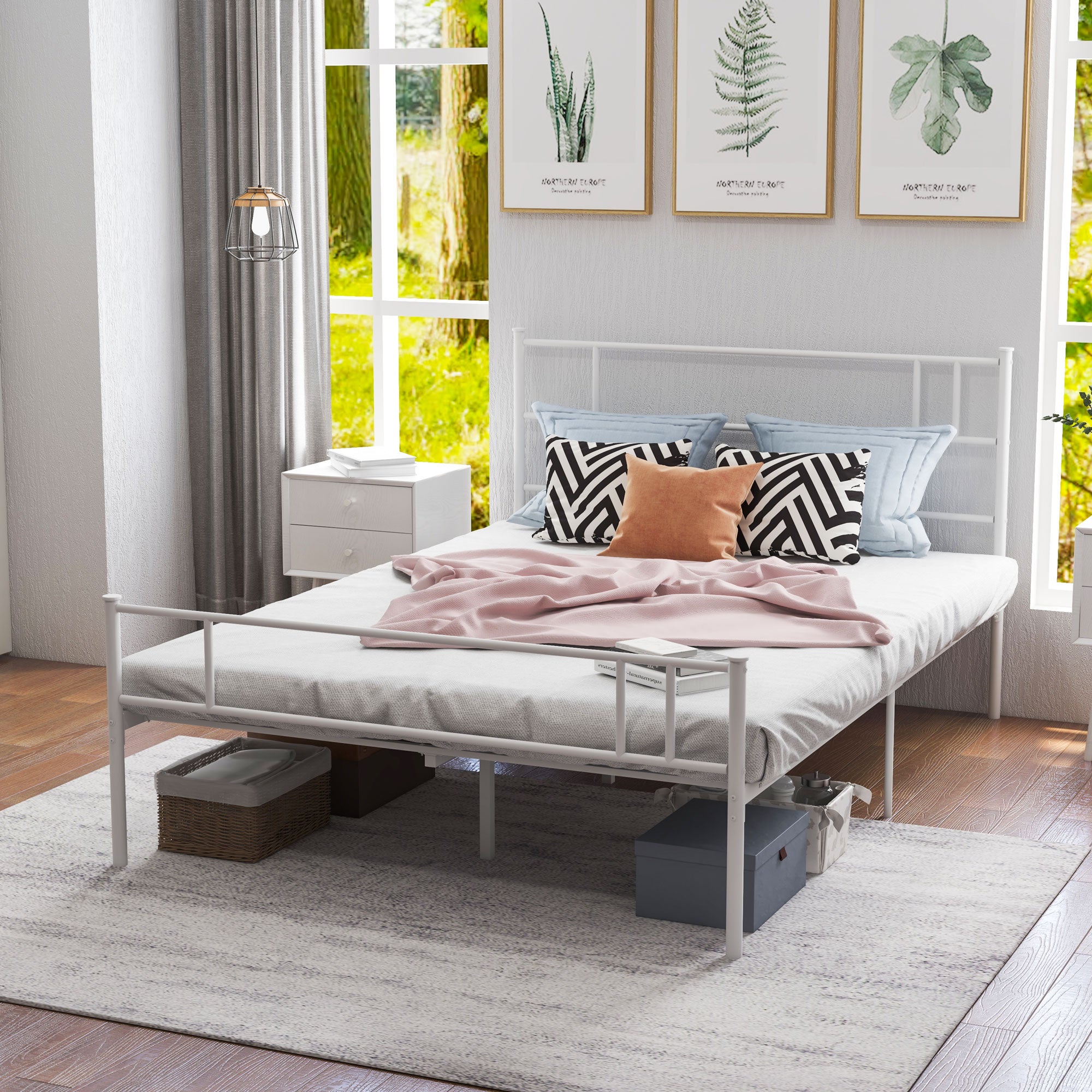 HOMCOM Double Metal Bed Frame Solid Bedstead Base with Headboard and Footboard, Metal Slat Support and Underbed Storage Space, Bedroom Furniture, White - North Peak Garden Furniture
