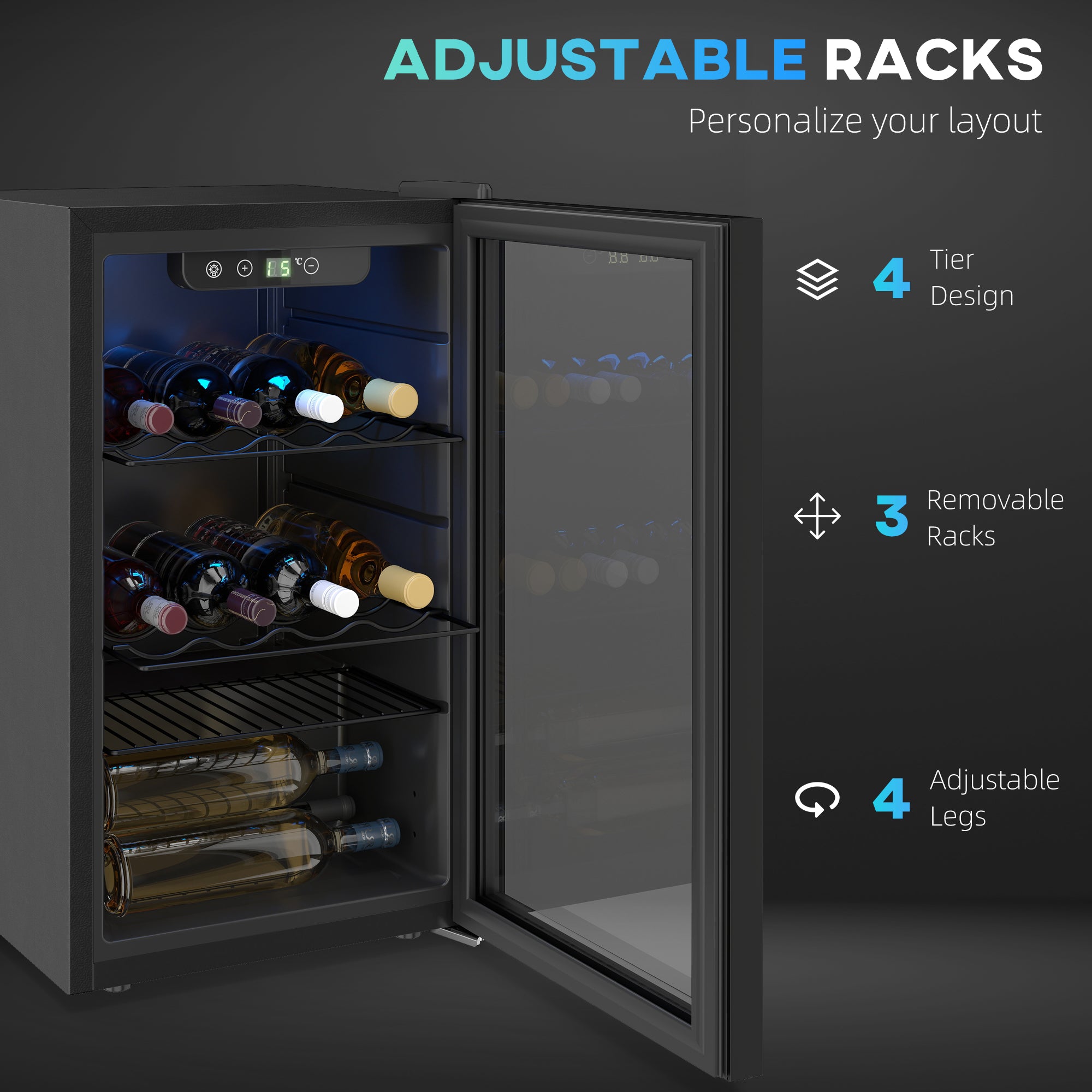 HOMCOM 24 Bottle Wine Cooler, 68 Litre Capacity, 4-16°C Freestanding Drinks Beer Wine Fridge with Glass Door, Black