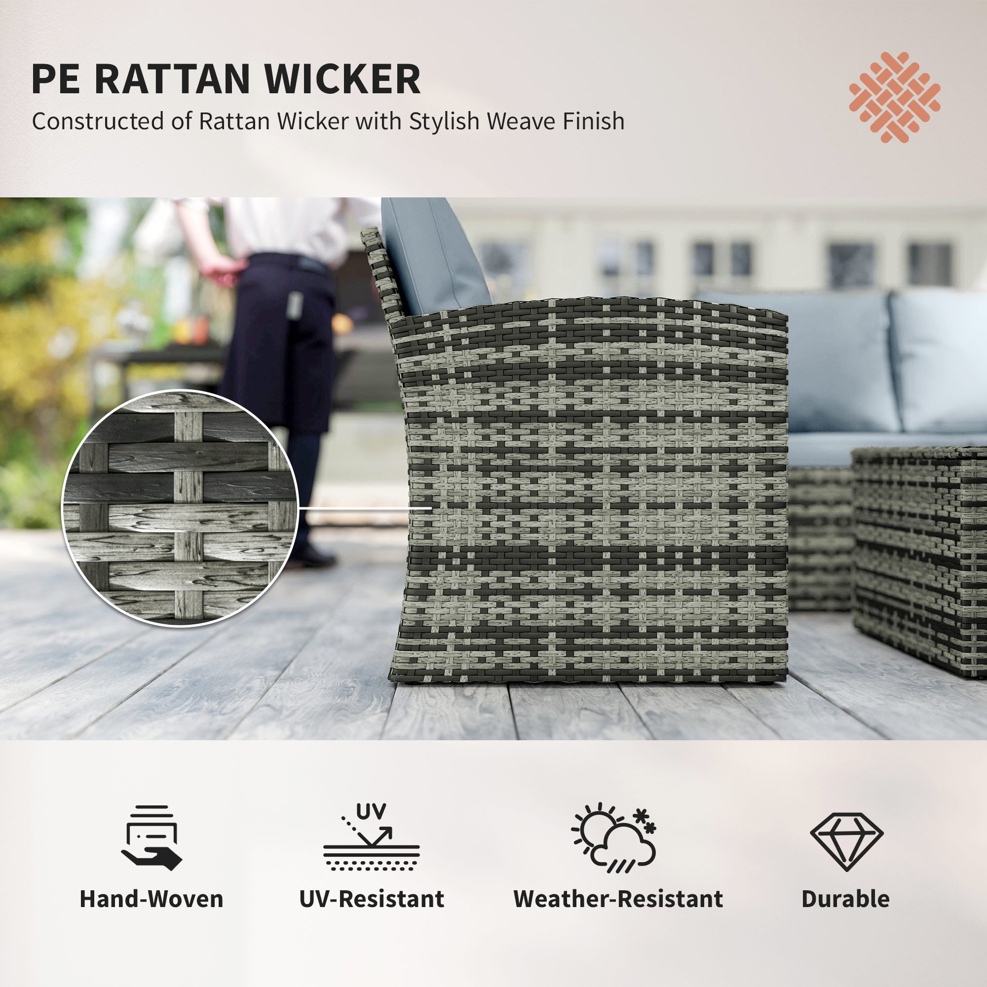 Outsunny 6 Pieces Rattan Garden Furniture Set, 7 Seater Wicker Outdoor Furniture Set with Storage Tea Table & Side Table, Sectional Garden Sofa Set with Cushions, Grey