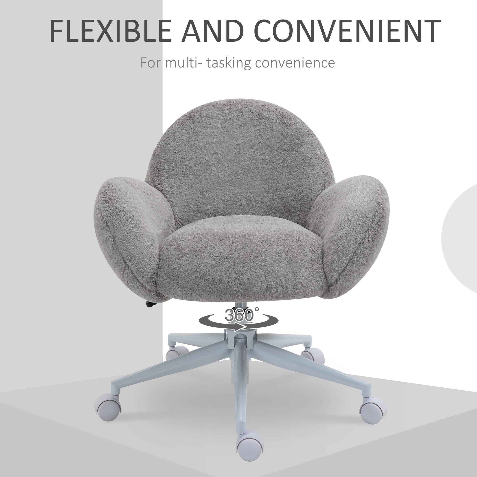 HOMCOM Makeup Vanity Chair, Cute Fluffy Desk Chair with Rolling Wheels for Bedroom Living Room, Grey - North Peak Garden Furniture