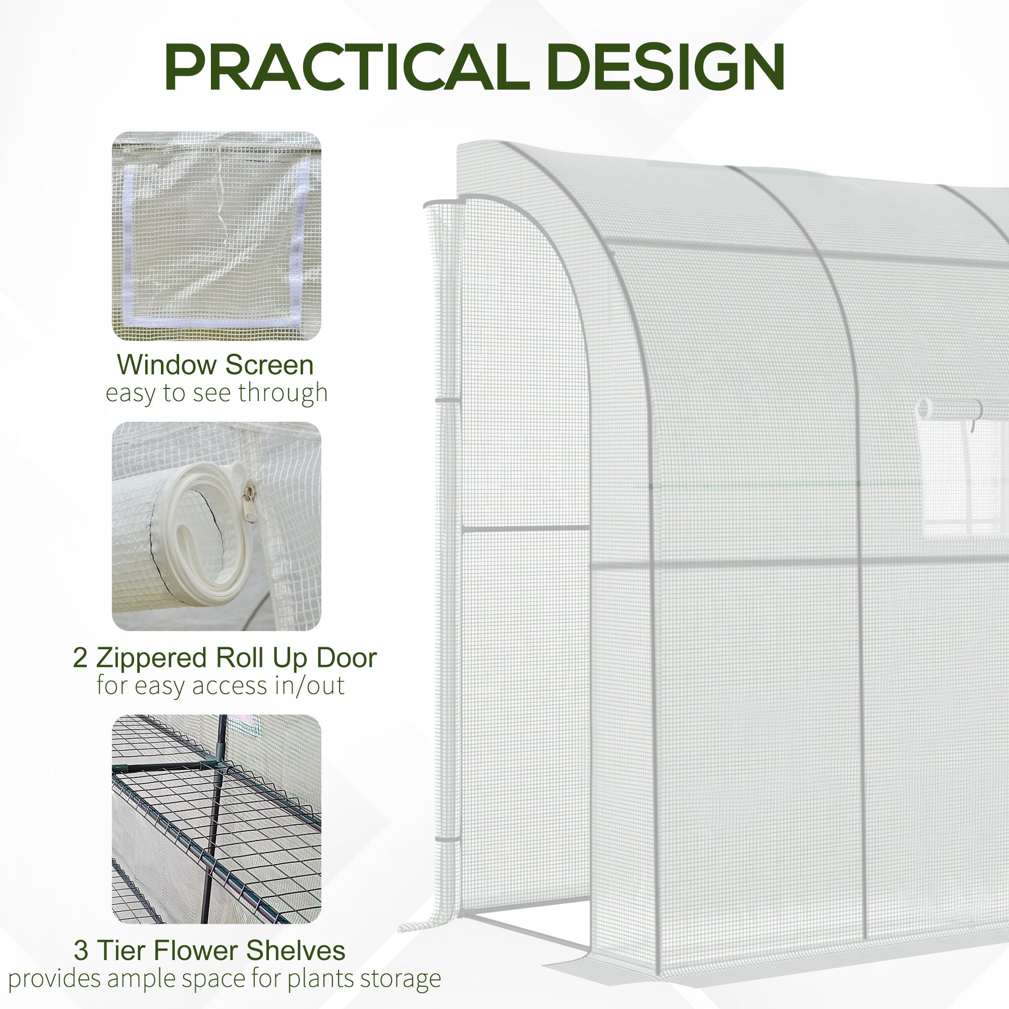 Outsunny Walk-In Lean to Wall Greenhouse with Windows and Doors 2 Tiers 4 Wired Shelves 200L x 100W x 215Hcm White - North Peak Garden Furniture