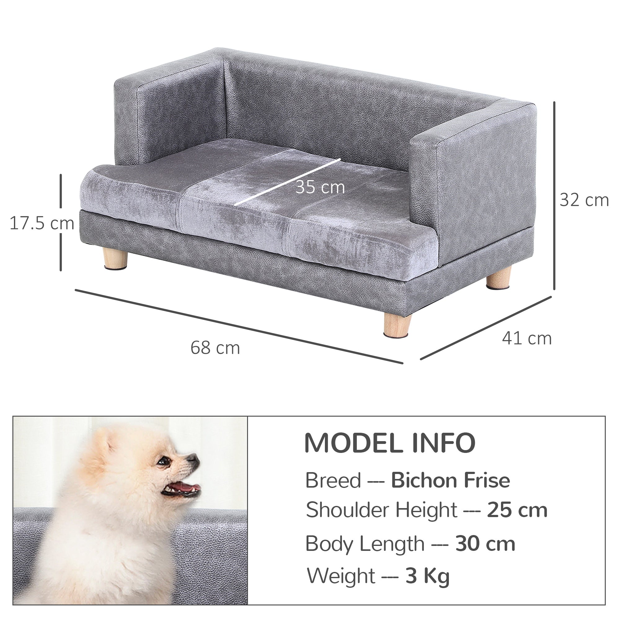 PawHut Dog Sofa Bed for Small-Sized Dogs, Elevated Pet Chair with PU Cover, Soft Cushion, Cat Couch Lounger with Anti-slip Legs - Grey