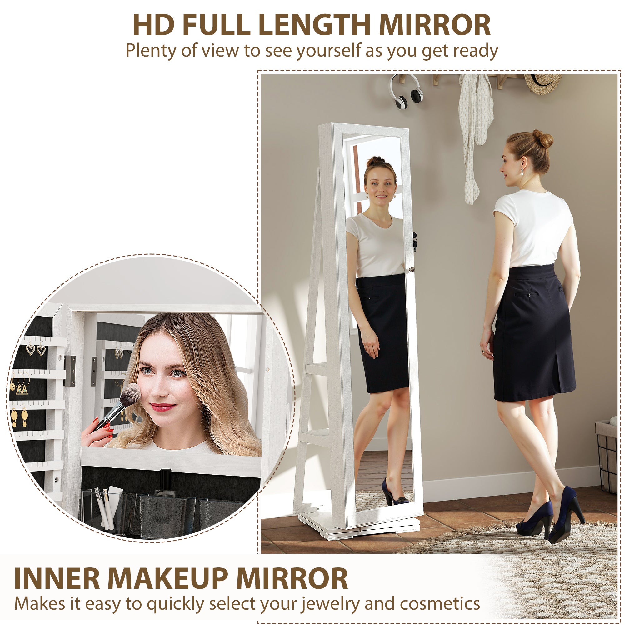 HOMCOM 360° Swivel Jewellery Cabinet, Mirror Armoire, Full Length Mirror, Lockable Jewellery Organizer with Built-In Small Mirror, White