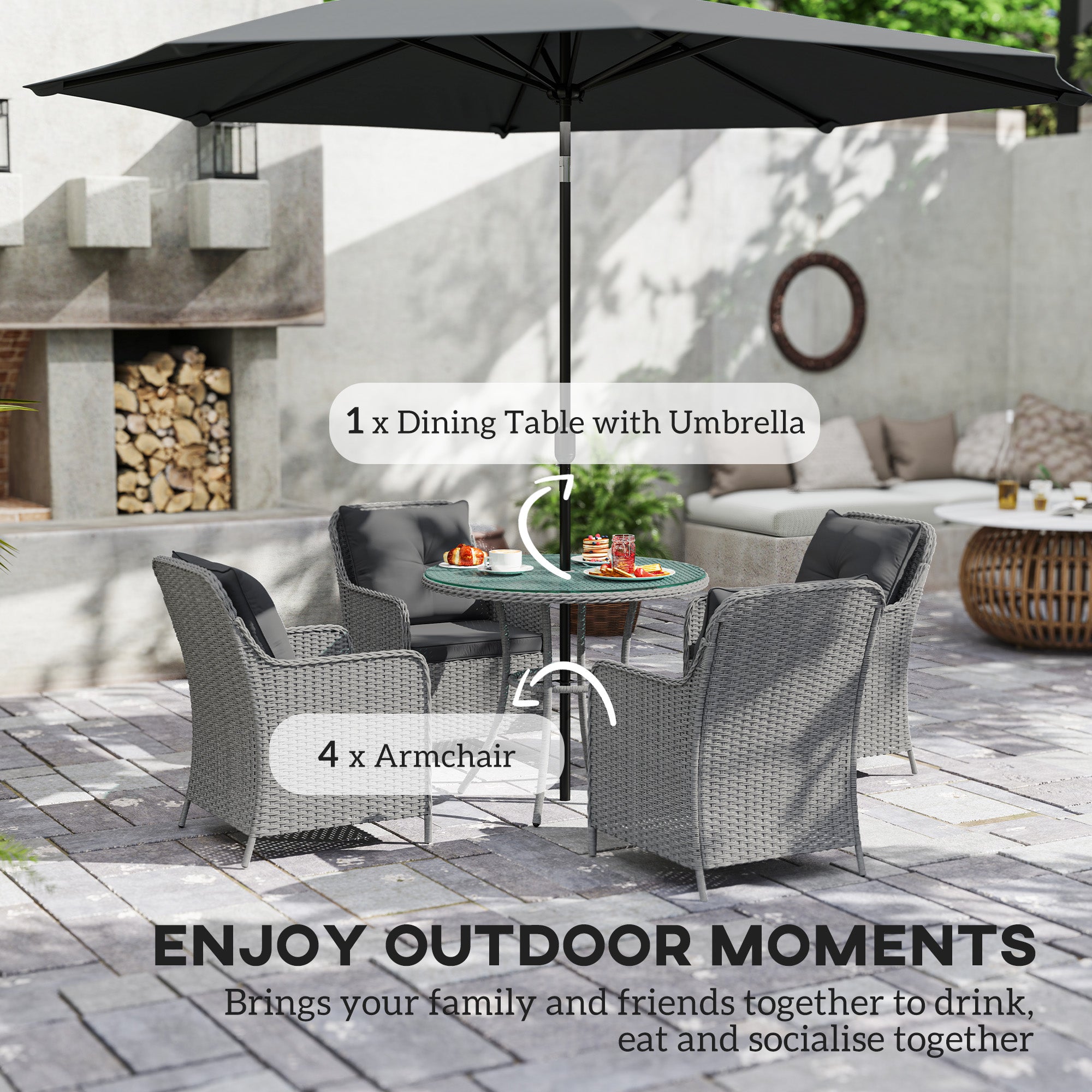 Outsunny 4 Seater Rattan Dining Set with Parasol & Cushions - Light Grey - North Peak Garden Furniture