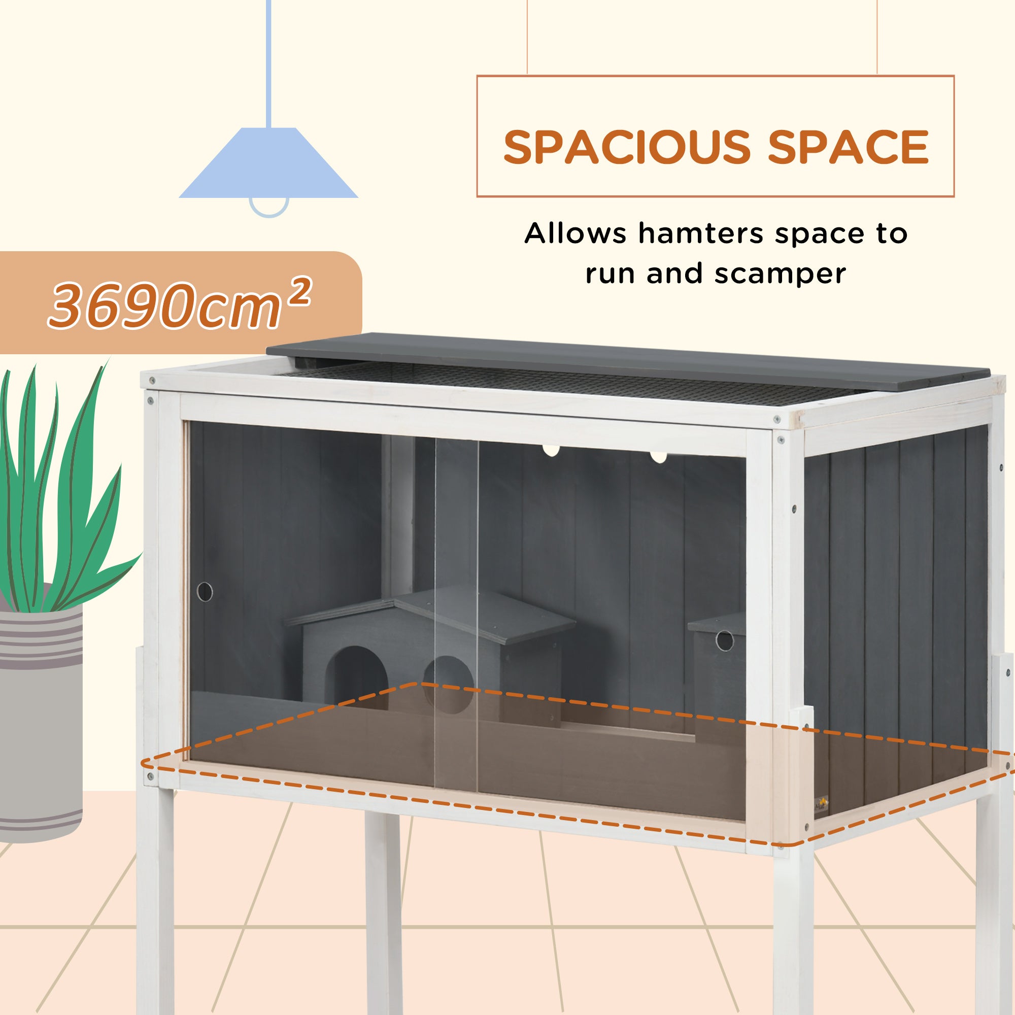 PawHut Wooden Hamster Cage for Dwarf Hamsters, Gerbils, Rutin Chicken, with Shelf, Two Huts - Grey - North Peak Garden Furniture