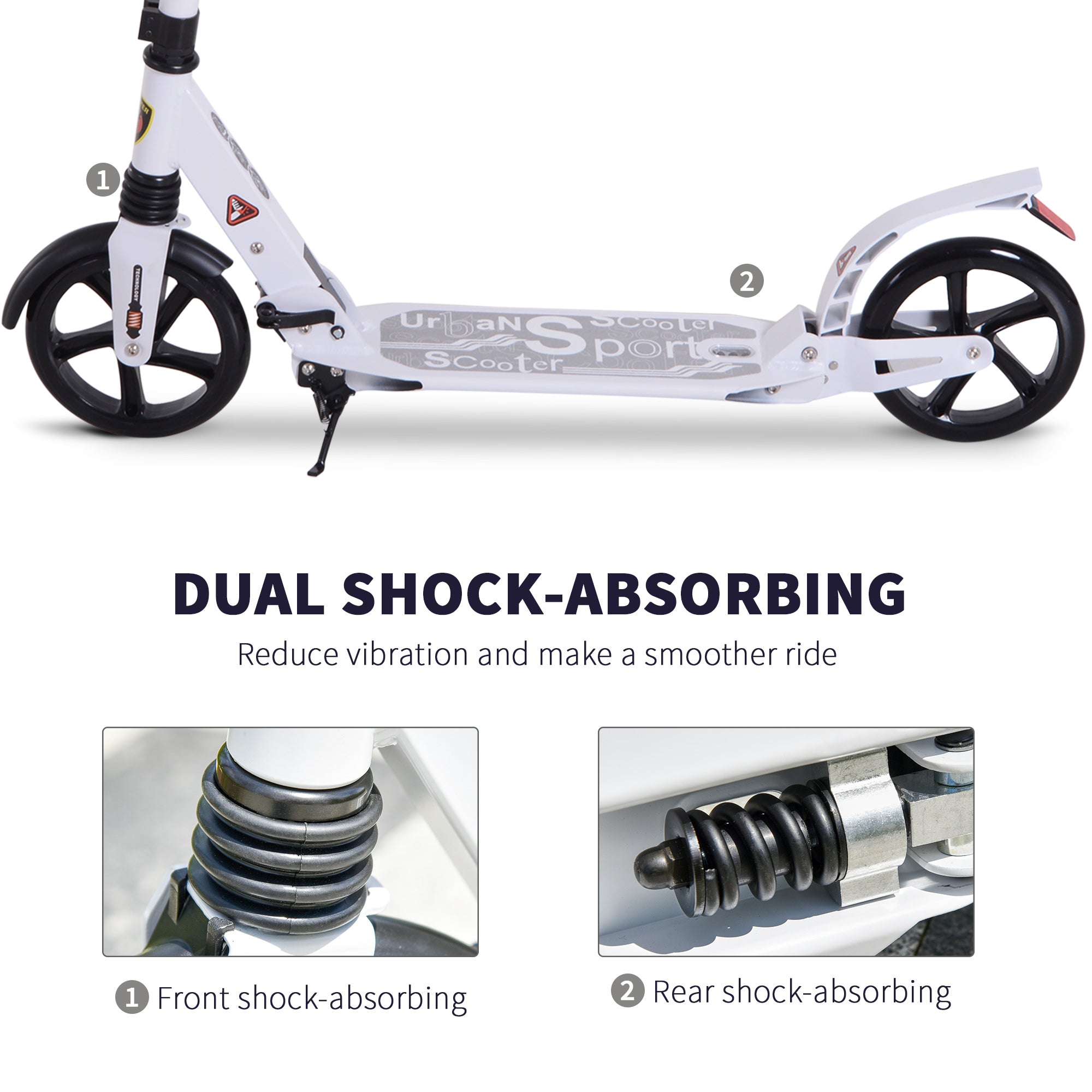 HOMCOM Folding Kick Scooter 2 Big Wheels Teens Adult 14+ Adjustable Ride On White - North Peak Garden Furniture