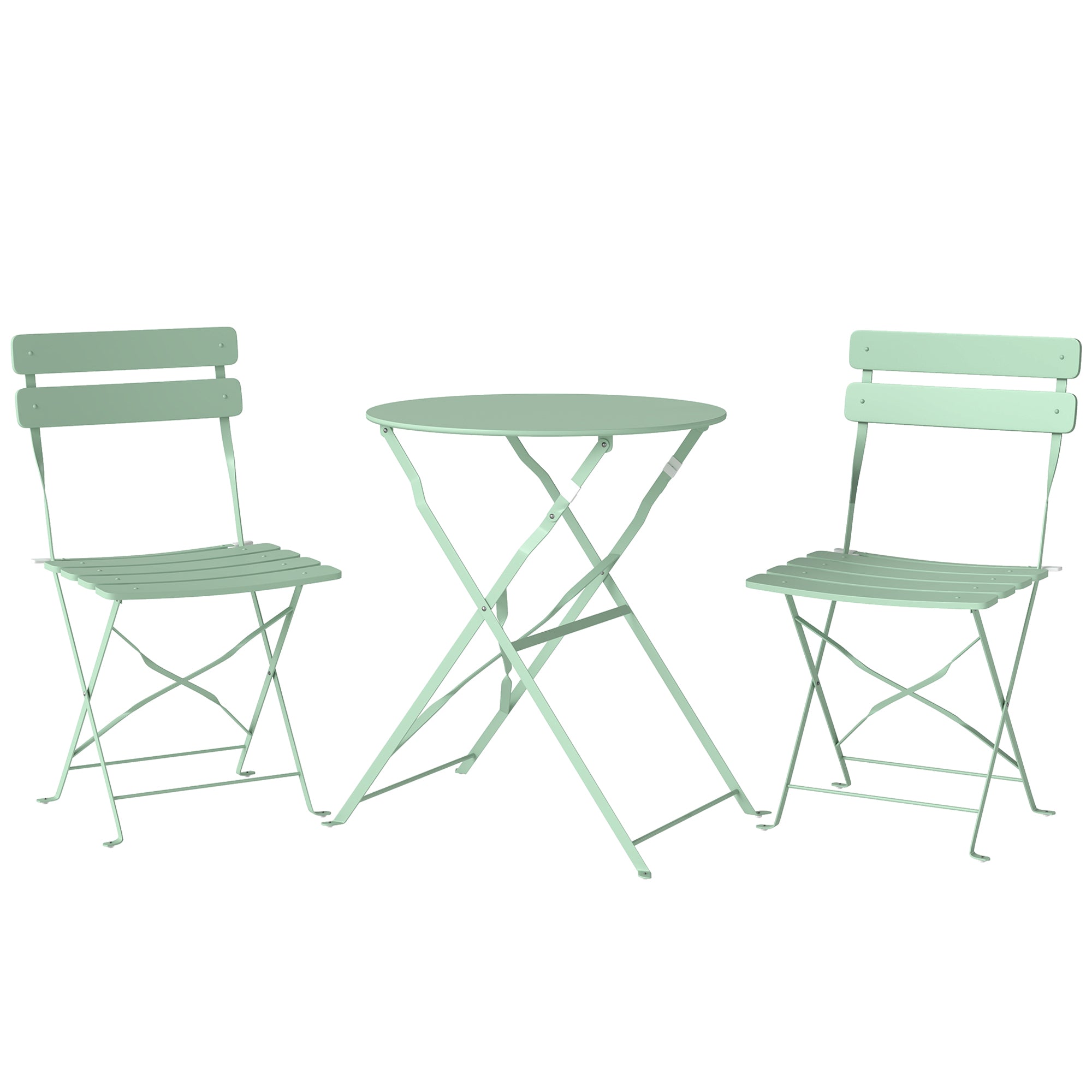 Outsunny Folding Garden Bistro Set, Outdoor Round Bistro Table and Chairs Set 2 with Electrophoresis Metal Frame, Light Green