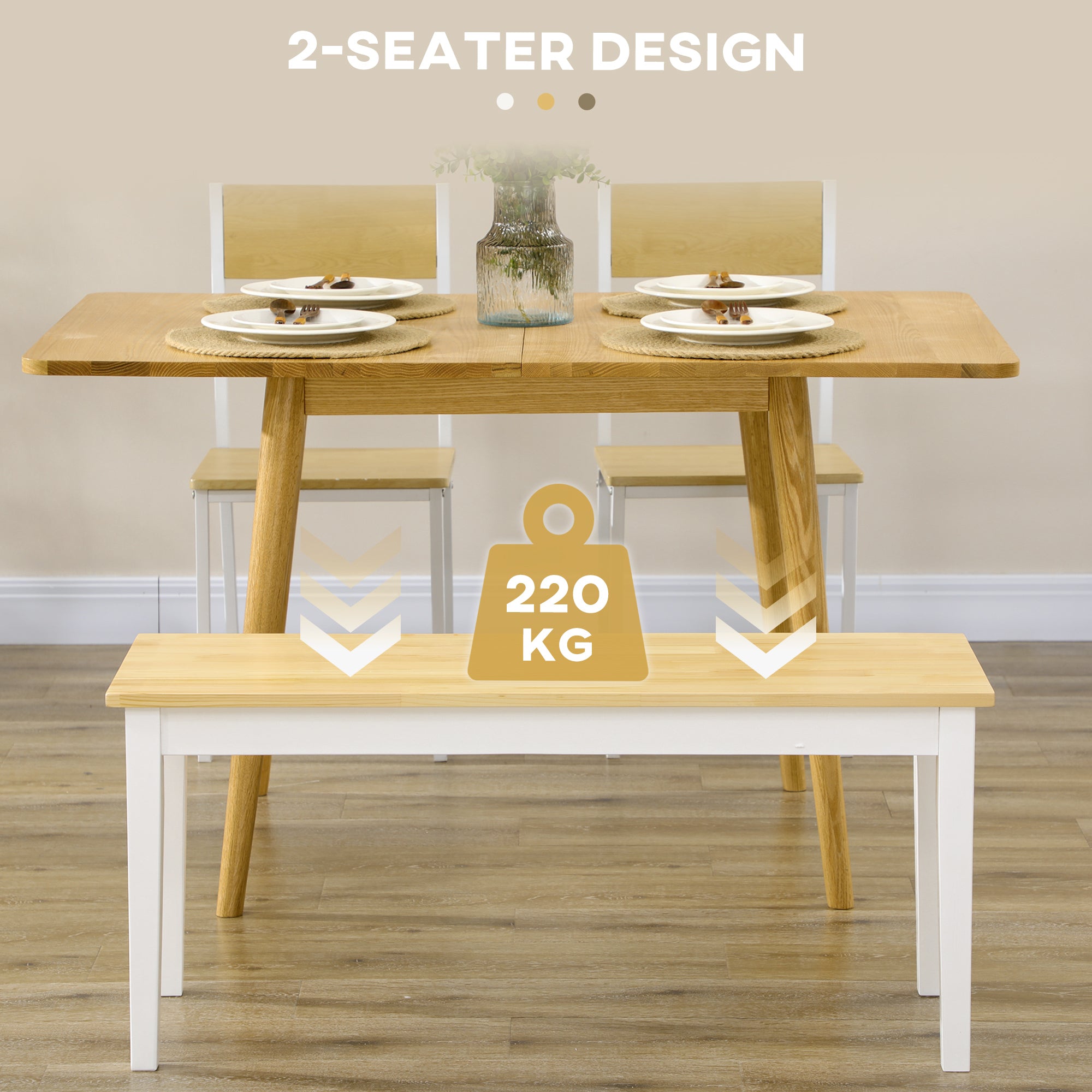 HOMCOM 102 cm Wood Dining Bench for 2 People, Wooden Bench for Kitchen, Dining Room, Entryway, White - North Peak Garden Furniture