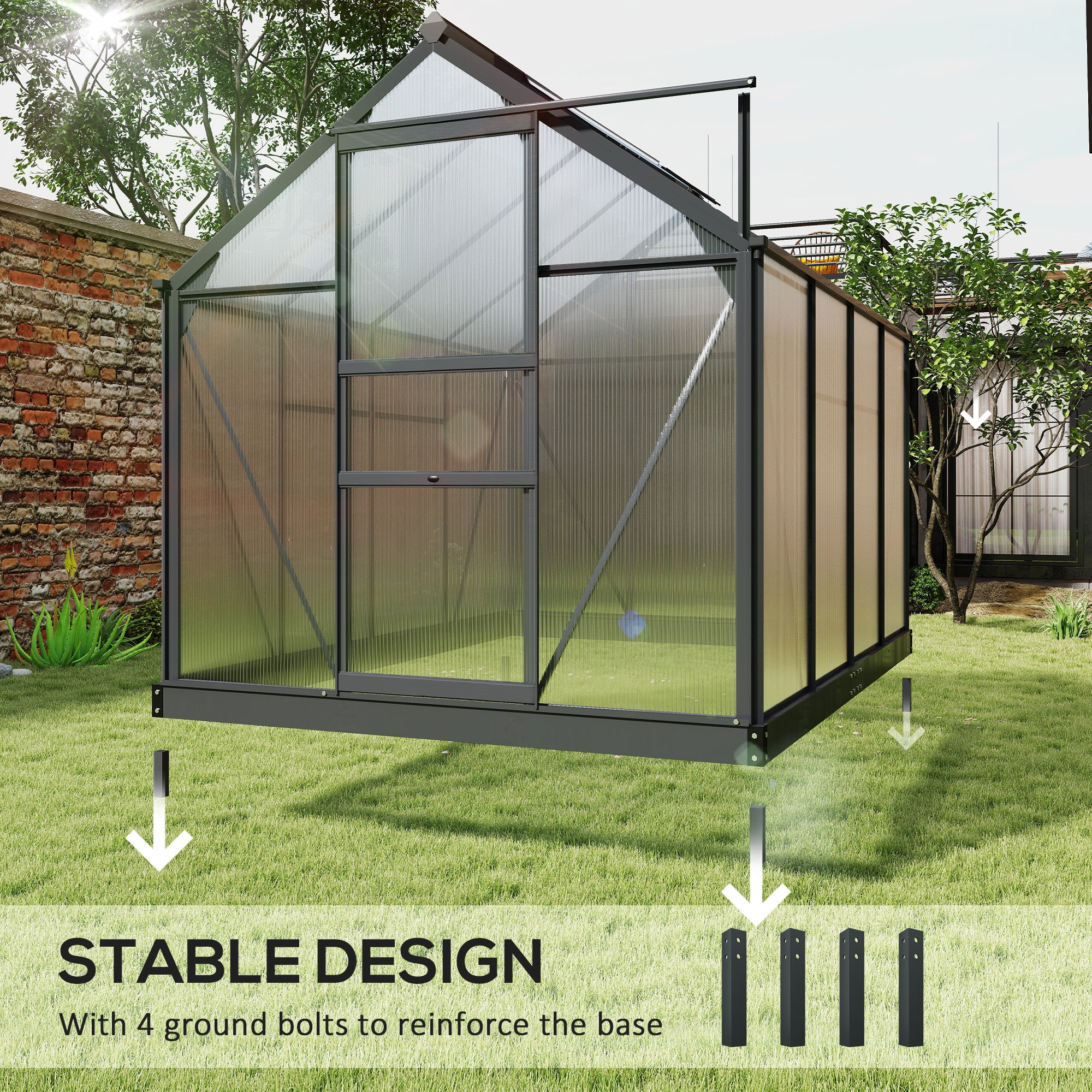 Outsunny 6 x 8ft Polycarbonate Greenhouse, Large Walk-In Green House with Slide Door and Window, Garden Plants Grow House with Aluminium Frame and Foundation, Grey