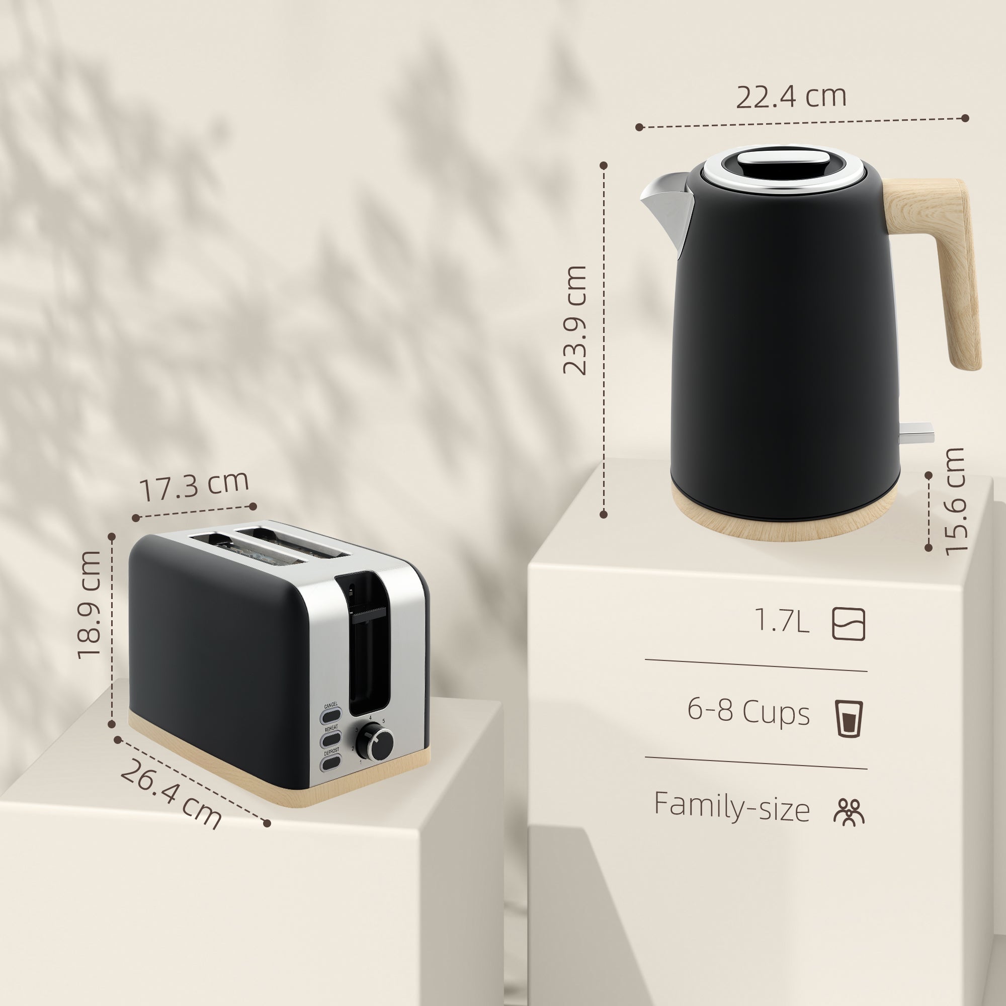 HOMCOM Kettle and Toaster Set, 1.7L 3000W Fast Boil Kettle & 2 Slice Toaster Kitchen Set with 7 Level Browning Controls, Defrost, Reheat, Auto Off, Boil-dry Protection, Black - North Peak Garden Furniture