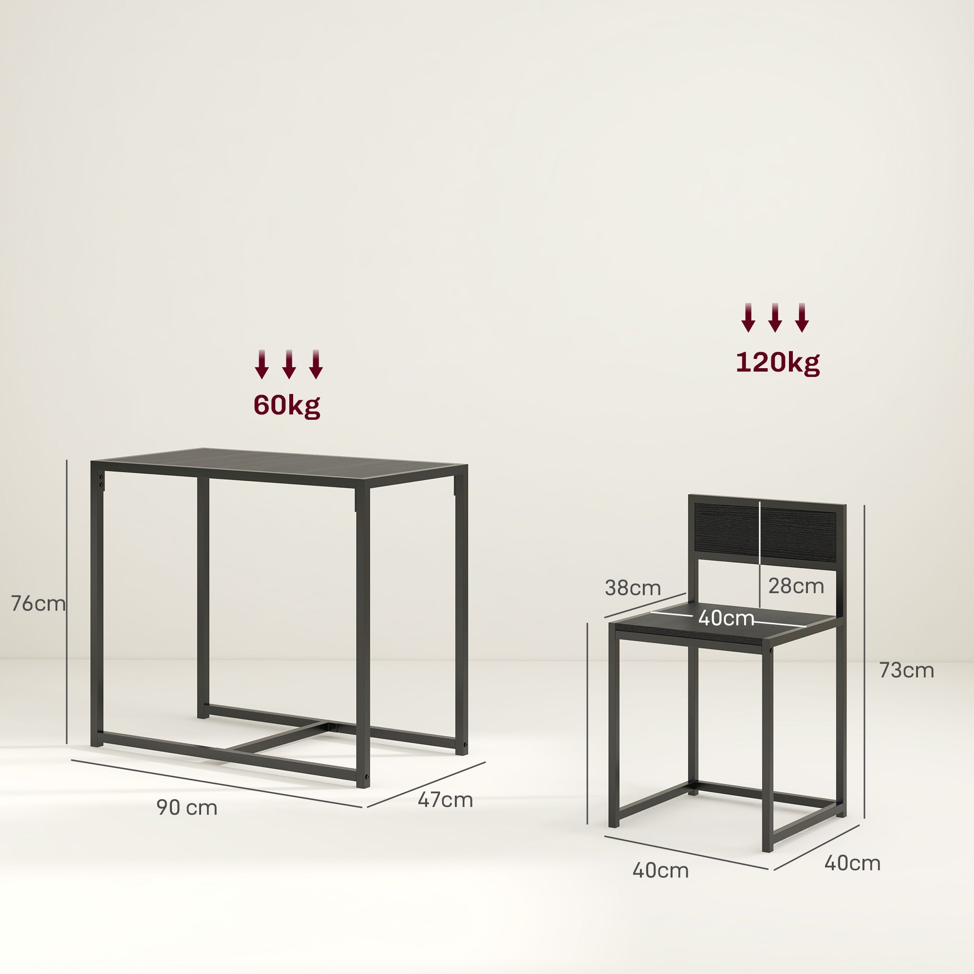 HOMCOM Dining Table and Chairs Set 2, Dining Room Sets, Rectangular Space Saving Table and 2 Chairs for Compact Kitchens, Steel Frame, Black - North Peak Garden Furniture