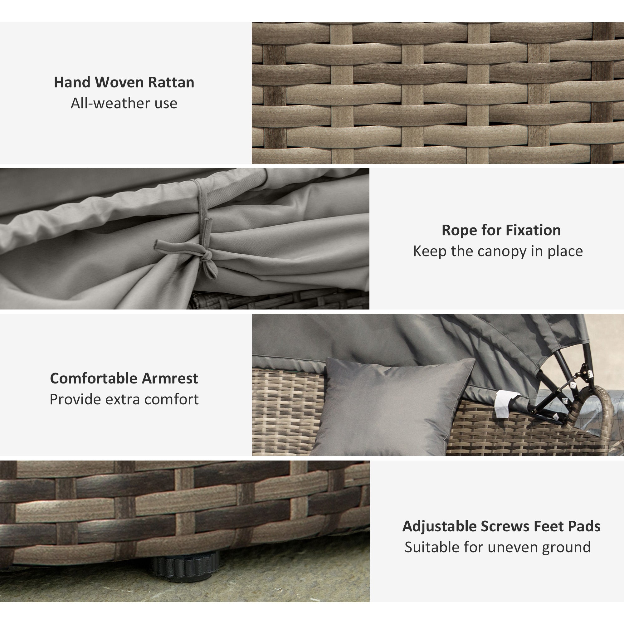 Outsunny Outdoor PE Rattan Garden Furniture with Cushioned, Patio Wicker Conversation Furniture Set, Round Daybed with Retractable Canopy, Coffee Table and Three Pillows, Dark Grey - North Peak Garden Furniture