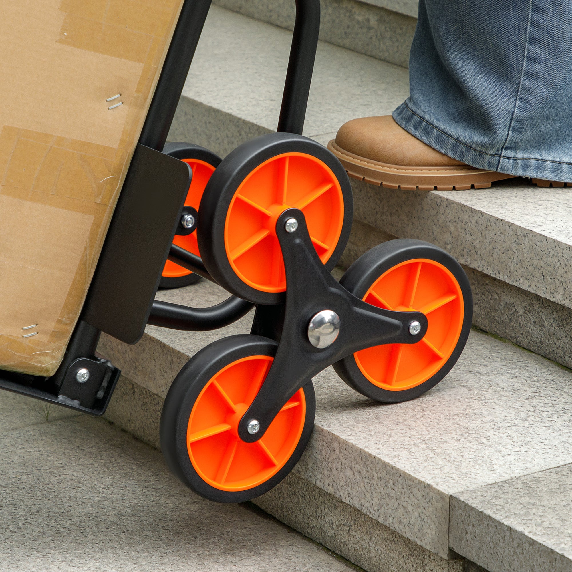 DURHAND Steel Climbing Stairs Trolley Hand Trucks 6-Wheels Foldable Load Cart 120kg, Orange - North Peak Garden Furniture