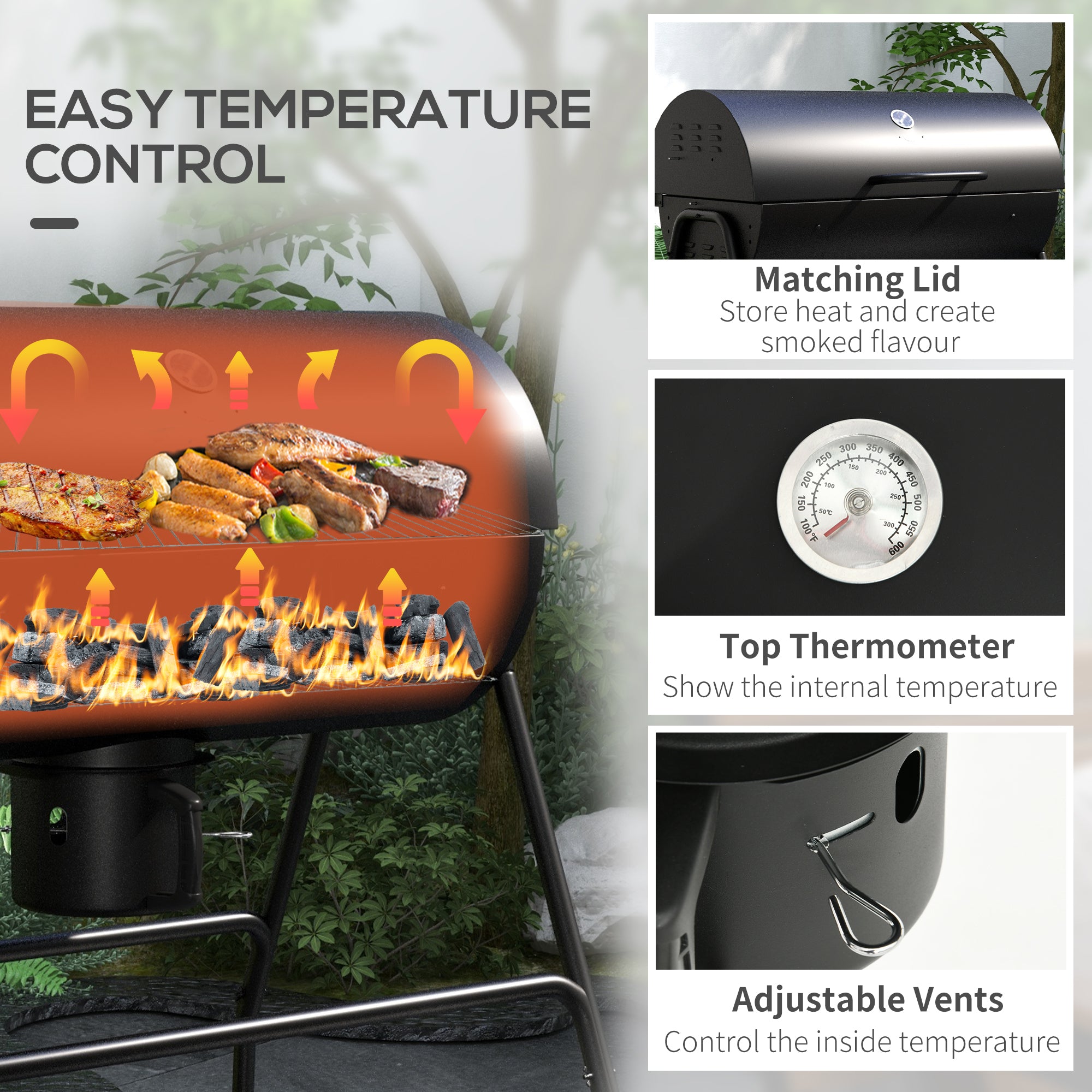 Outsunny Steel Charcoal BBQ, with Ash Catcher and Warming Rack - North Peak Garden Furniture