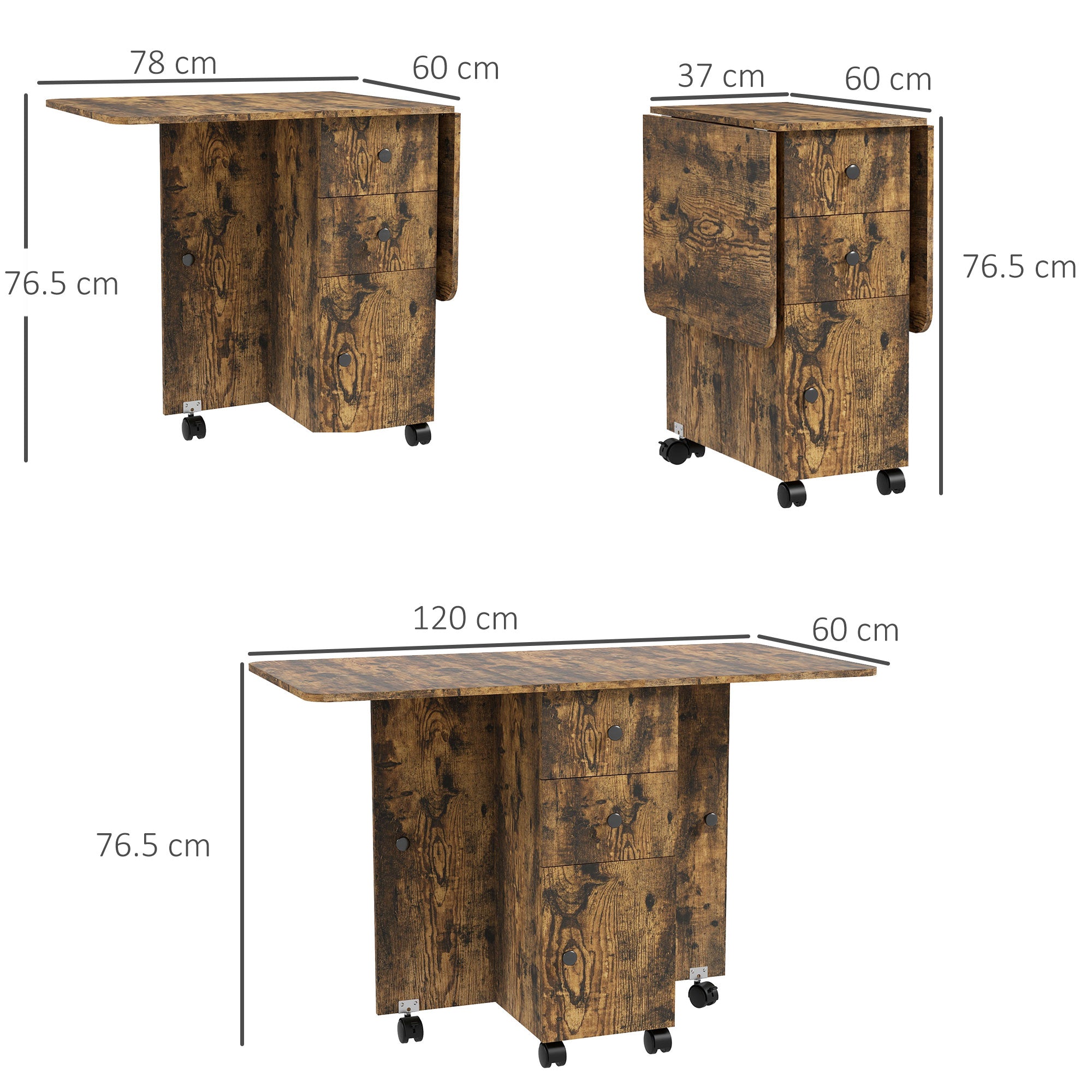 HOMCOM Multi-Storage Six-Person Drop Leaf Dining Table - Rustic Brown - North Peak Garden Furniture