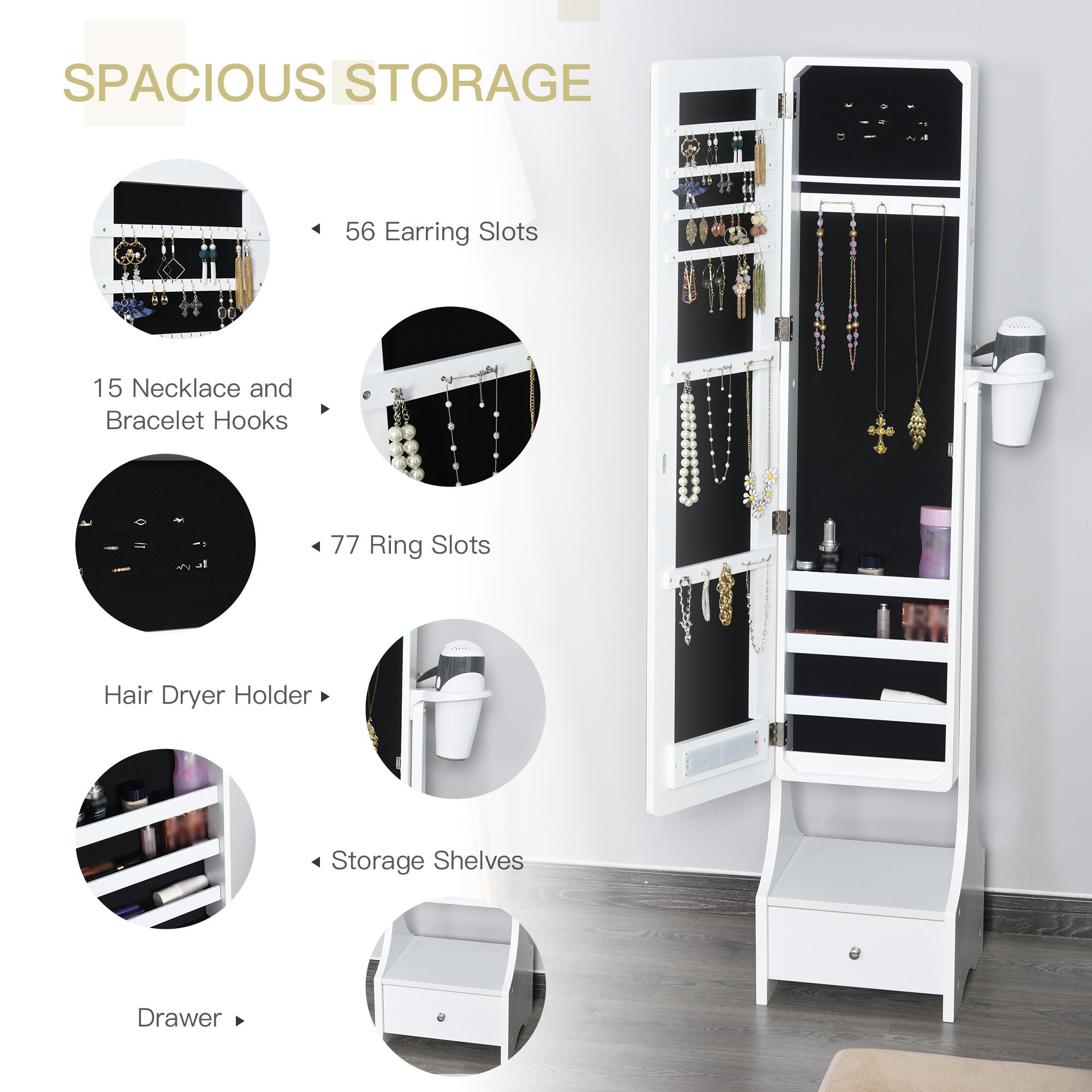HOMCOM Jewellery Cabinet, Full Length Mirror with Storage, Free Standing Mirror with LED Lights, Hooks, Drawer and Hairdryer Holder for Bedroom, White - North Peak Garden Furniture