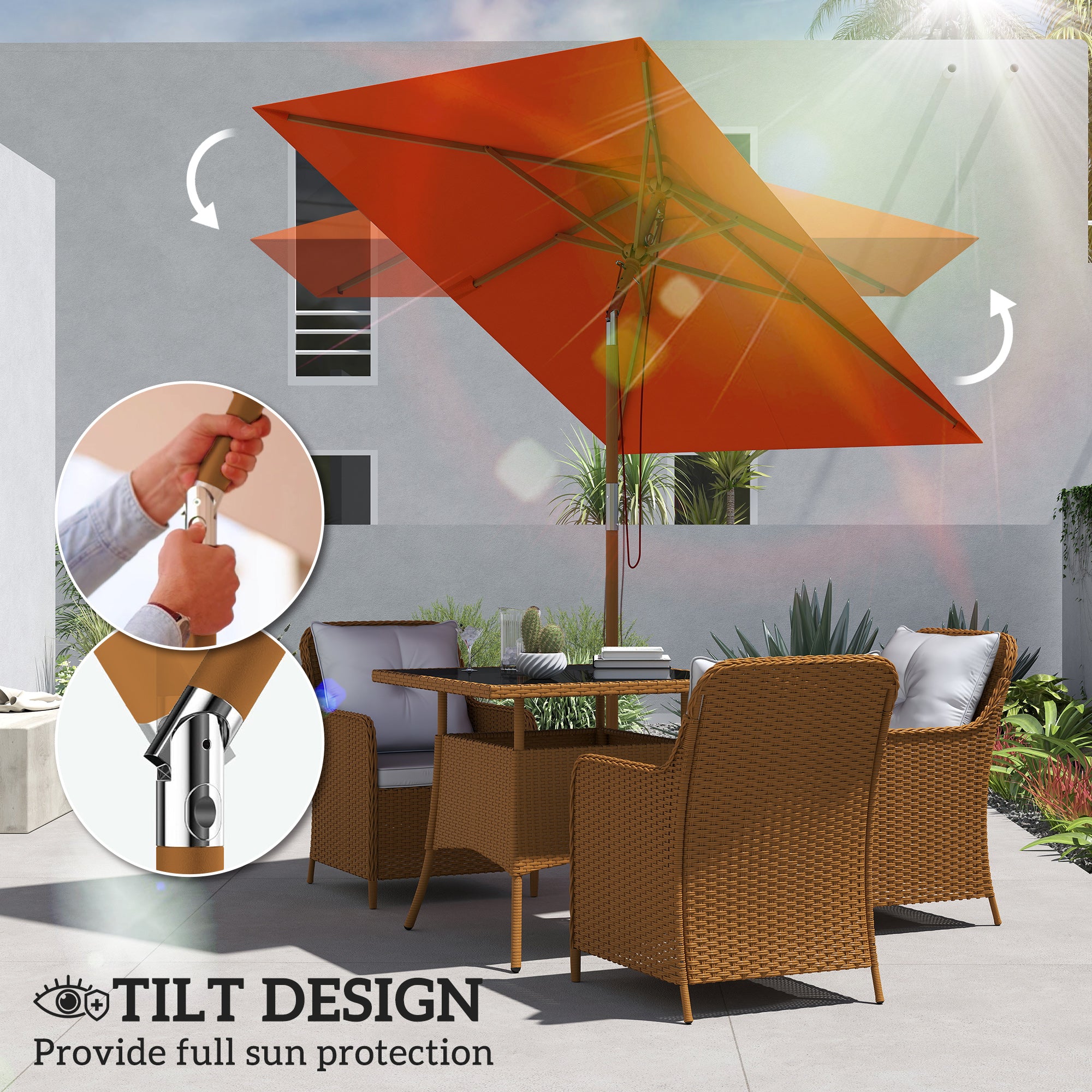 Outsunny 2m Tilting Wooden Pole Parasol - Orange - North Peak Garden Furniture