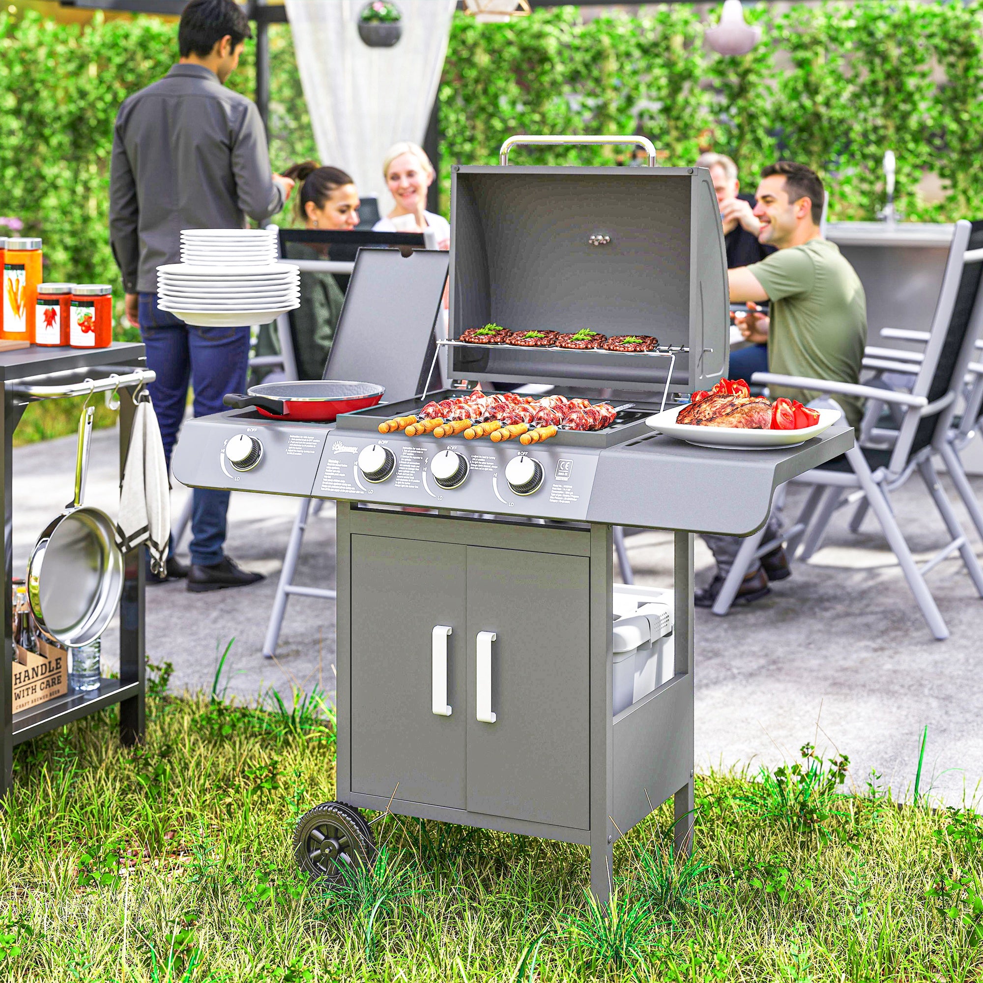 Outsunny 3+1 Burner Gas BBQ Grill, Outdoor Barbecue Trolley with Wheels, Warming Rack, Side Shelves, Cabinet, Thermometer for Garden, Party, Camping, 110L x 50W x 100Hcm, Grey - North Peak Garden Furniture