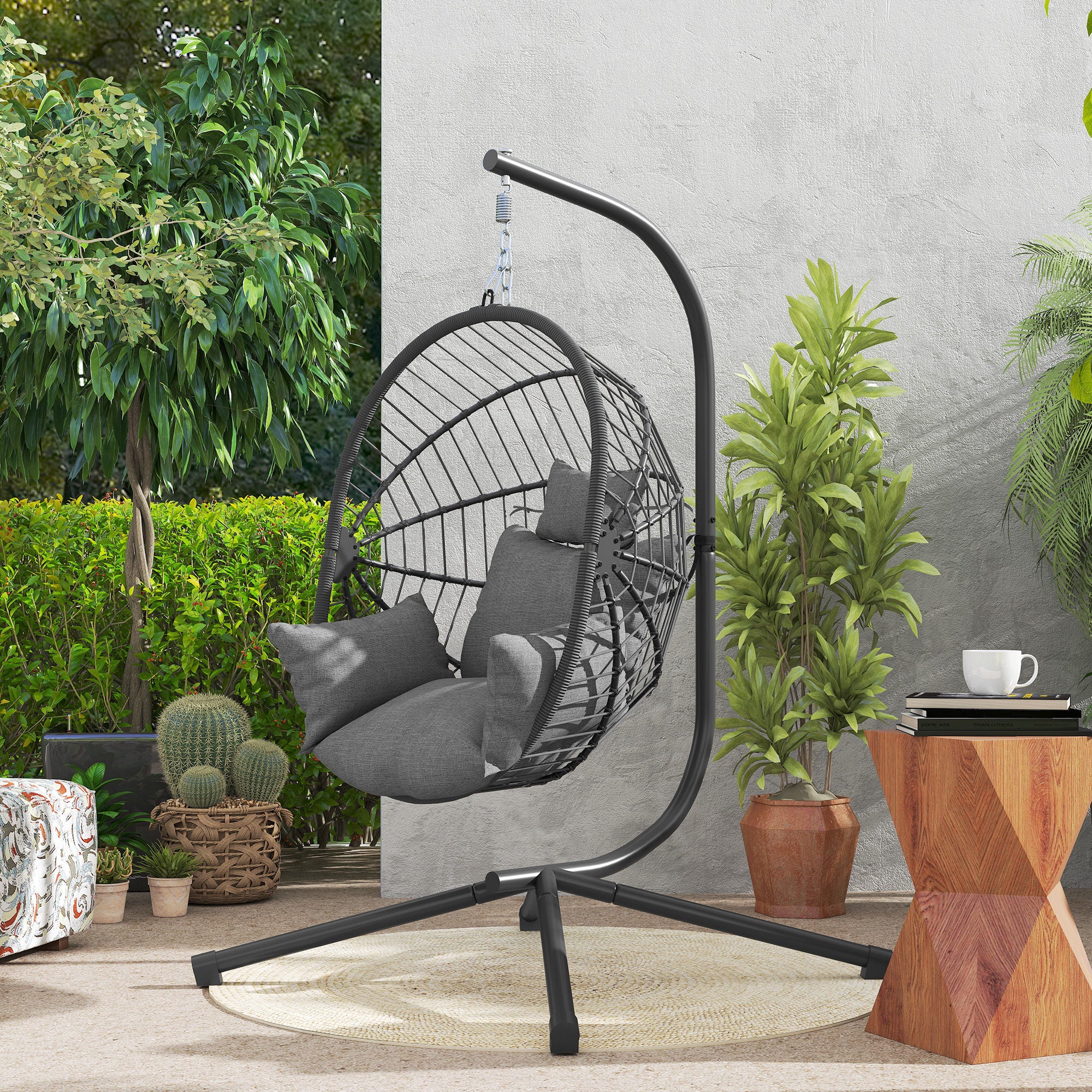 Outsunny Metal Stand Hanging Egg Chair, with Full Body Padded Seat - Grey - North Peak Garden Furniture