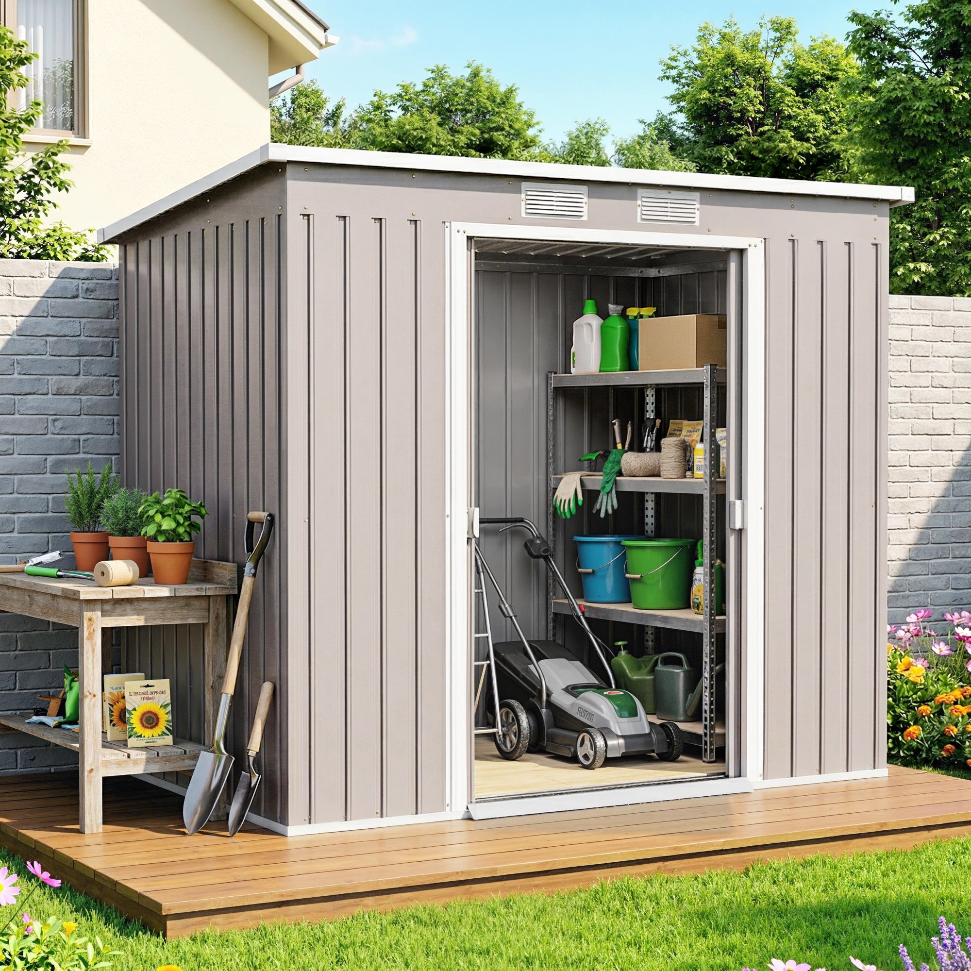 Outsunny Outdoor Lean to Garden Metal Equipment Tool Storage Shed w/ Foundation Kit, Double Door, Vents and Sloped Roof, Grey