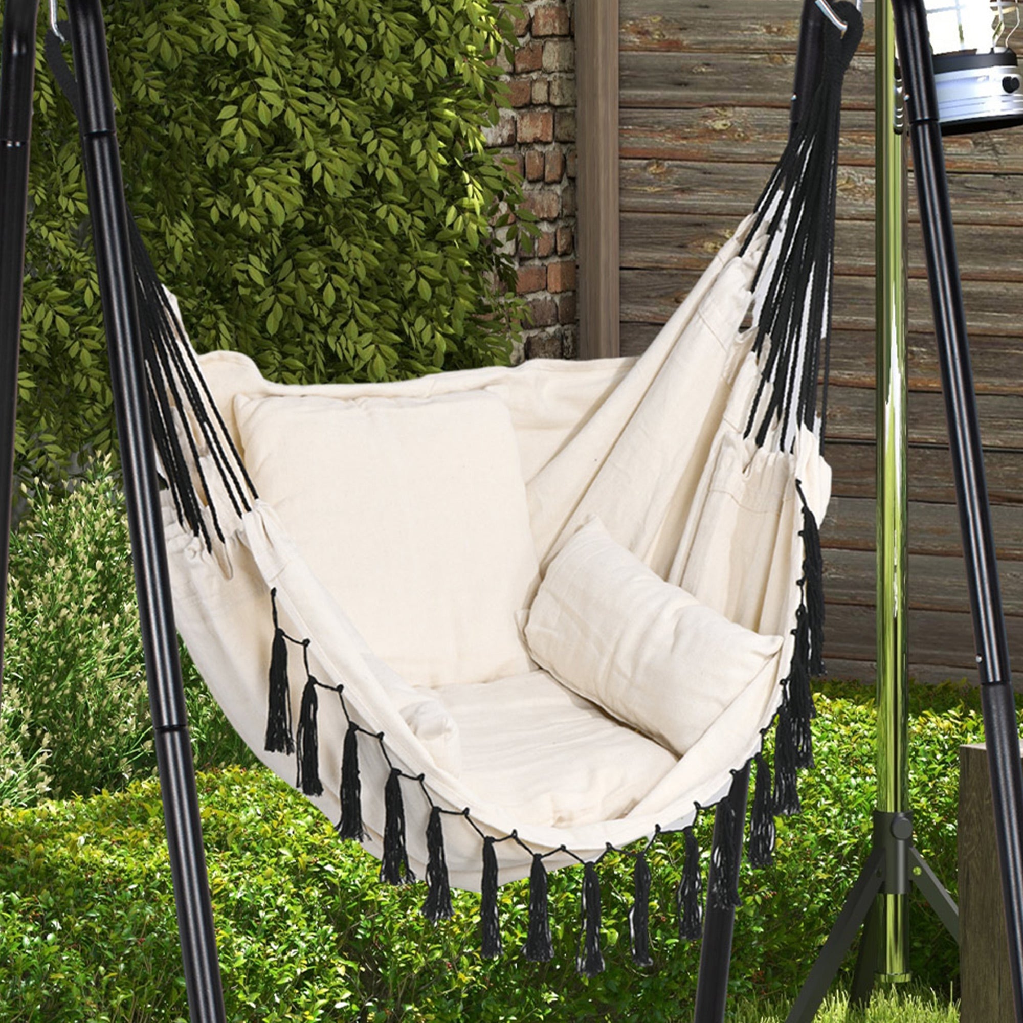Outsunny Hammock Chair with Stand, Hammock Swing Chair with Cushion, Cream White - North Peak Garden Furniture
