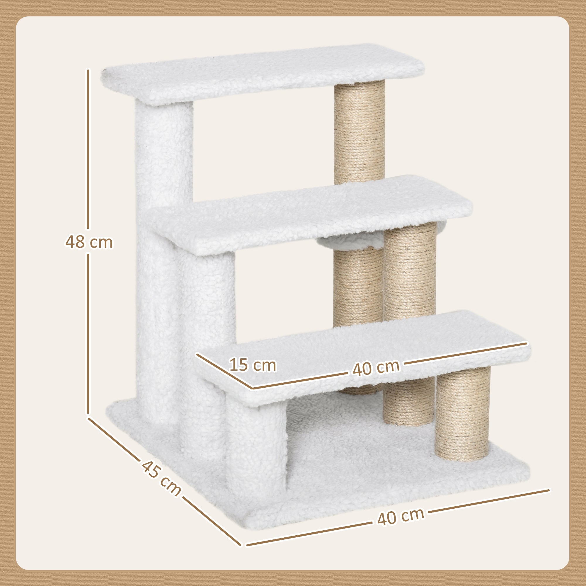 PawHut Pet Stair with 3-step Climb Ladder, Scratching Posts, Platforms, Toy Ball, for Indoor Elderly Cats Kittens, White - North Peak Garden Furniture