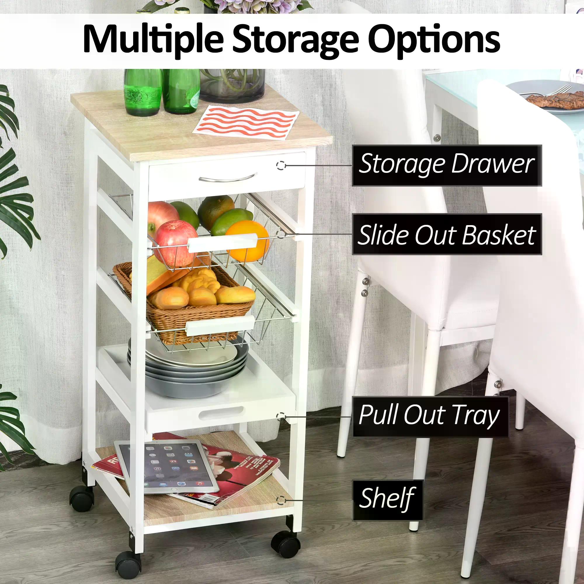 HOMCOM Mobile Rolling Kitchen Island Trolley for Home w/ Metal Baskets Trays Shelves Wheels Compact Stylish Storage White