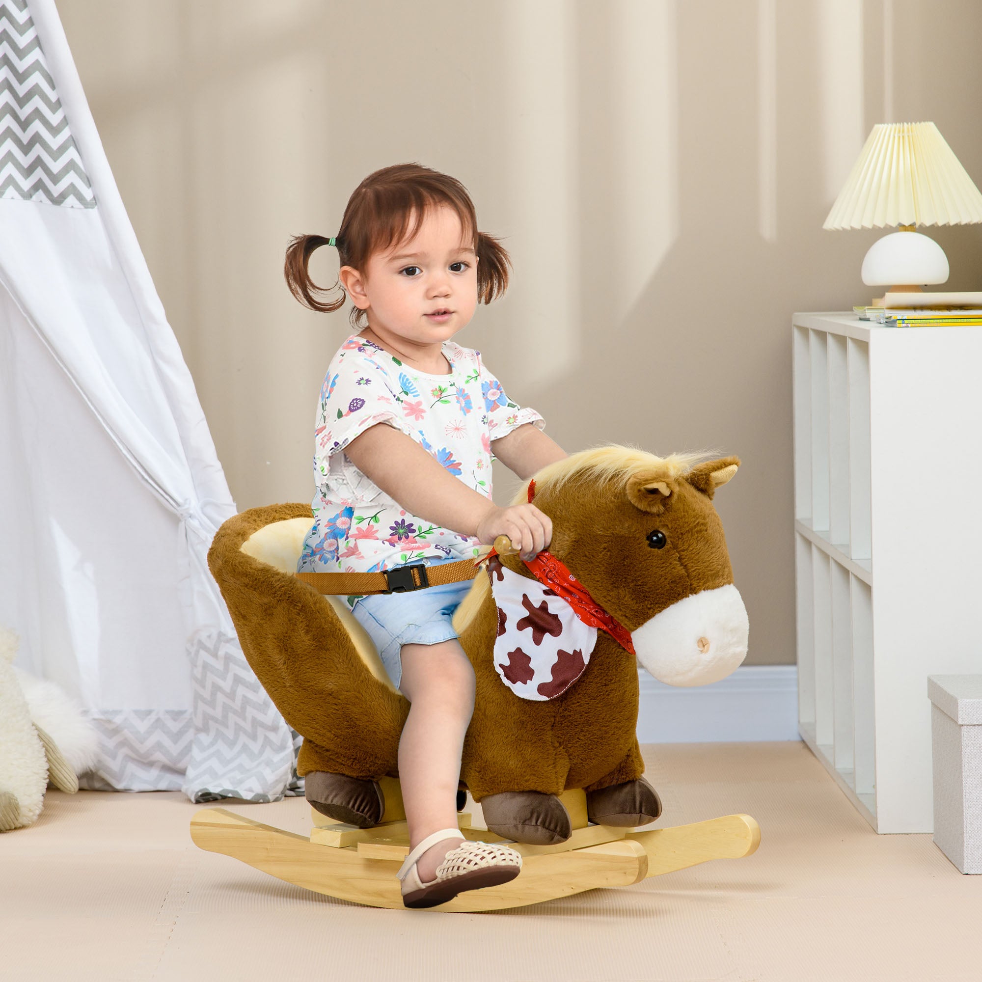 HOMCOM Kids Rocking Horse, with Safety Harness, Sounds, Foot Pedals - Brown - North Peak Garden Furniture