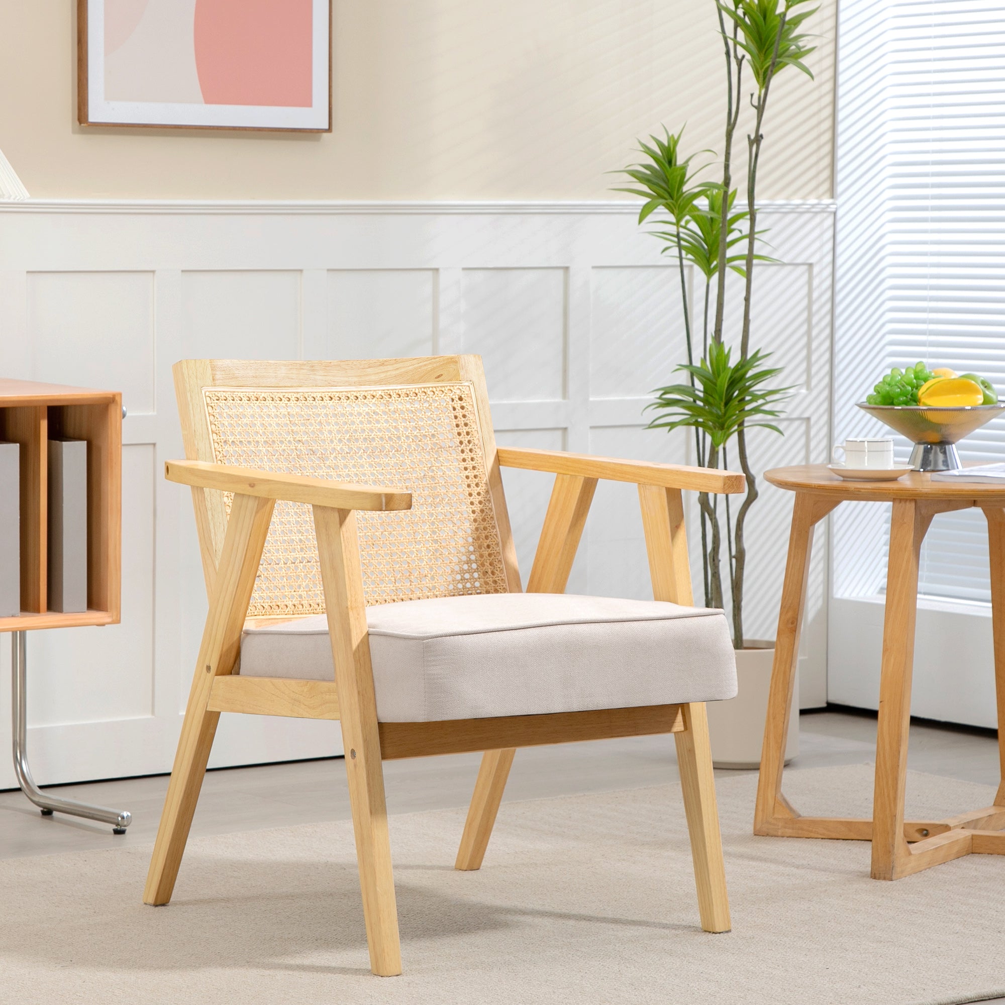HOMCOM Wooden Rattan Weave Panel Accent Chair - Natural Finish - North Peak Garden Furniture