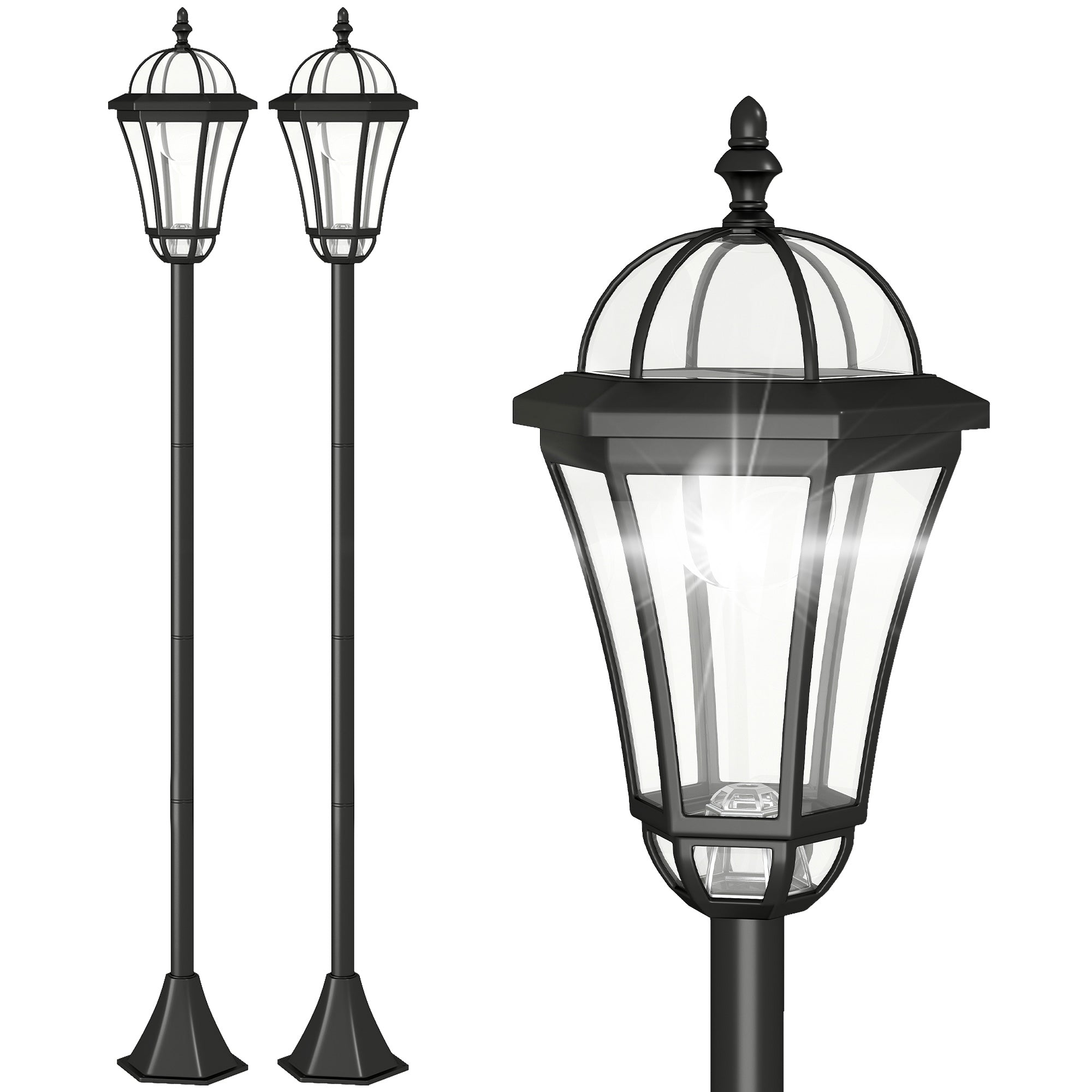 Outsunny 2 PCS LED Garden Lights Lamp Post Solar Powered Lantern Patio Pathway Walkway Outdoor Water-Resist Auto Switch 6 Hours Black