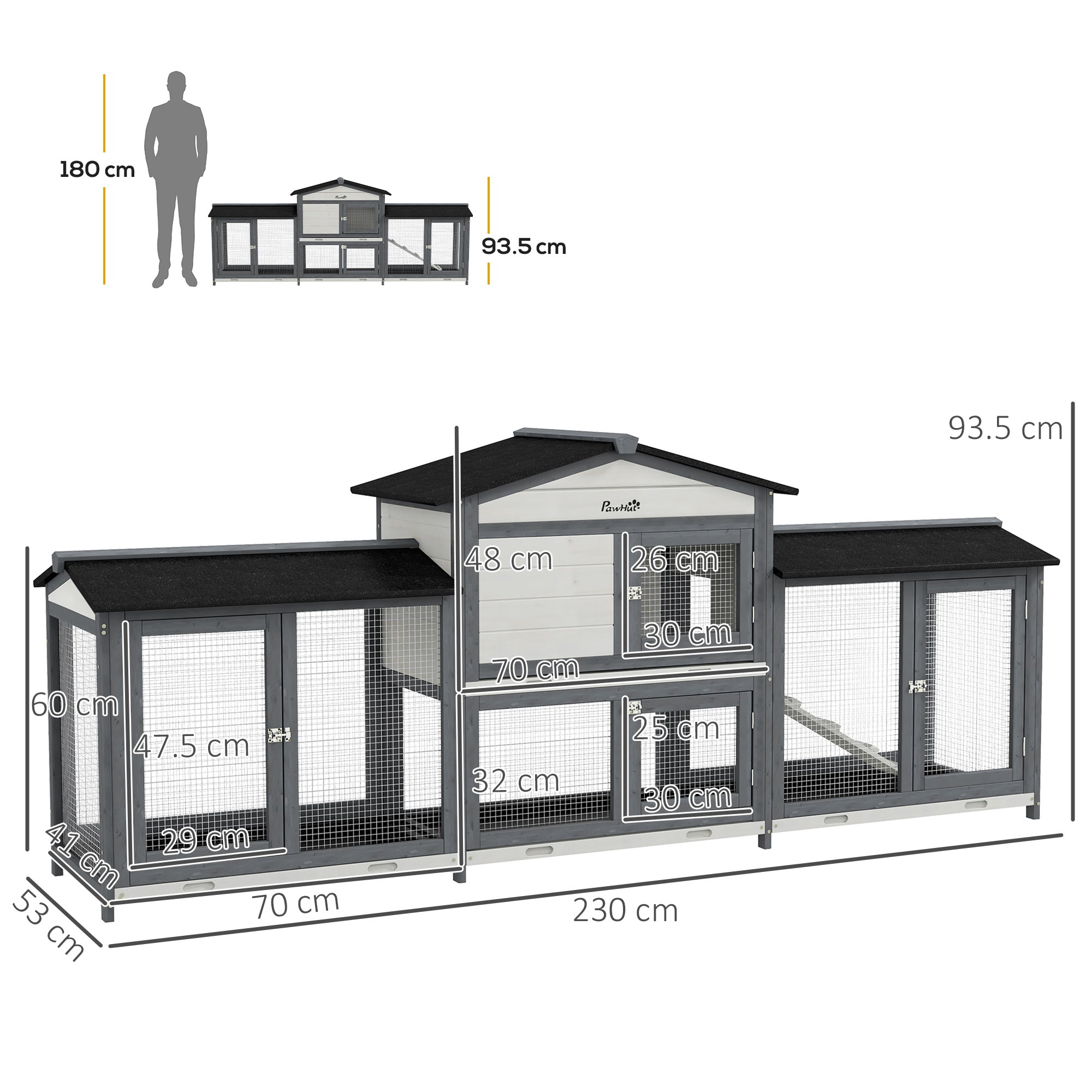 PawHut 2-Tier Large Rabbit Hutch Outdoor with Double Side Run Boxes, No-leak Plastic Tray, Ramp, 230 x 53 x 93.5cm, Light Grey - North Peak Garden Furniture
