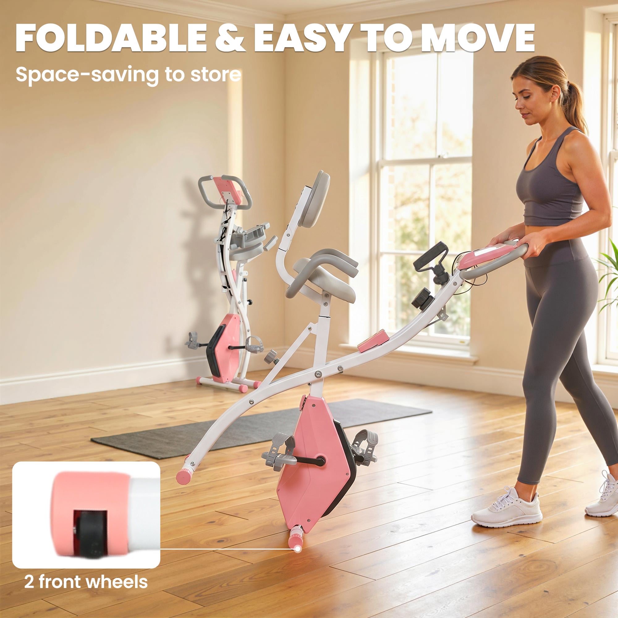 HOMCOM 2-in-1 Folding Exercise Bike with 8-Level Magnetic Resistance, Arm Resistance Band, Pulse Sensor, Pink