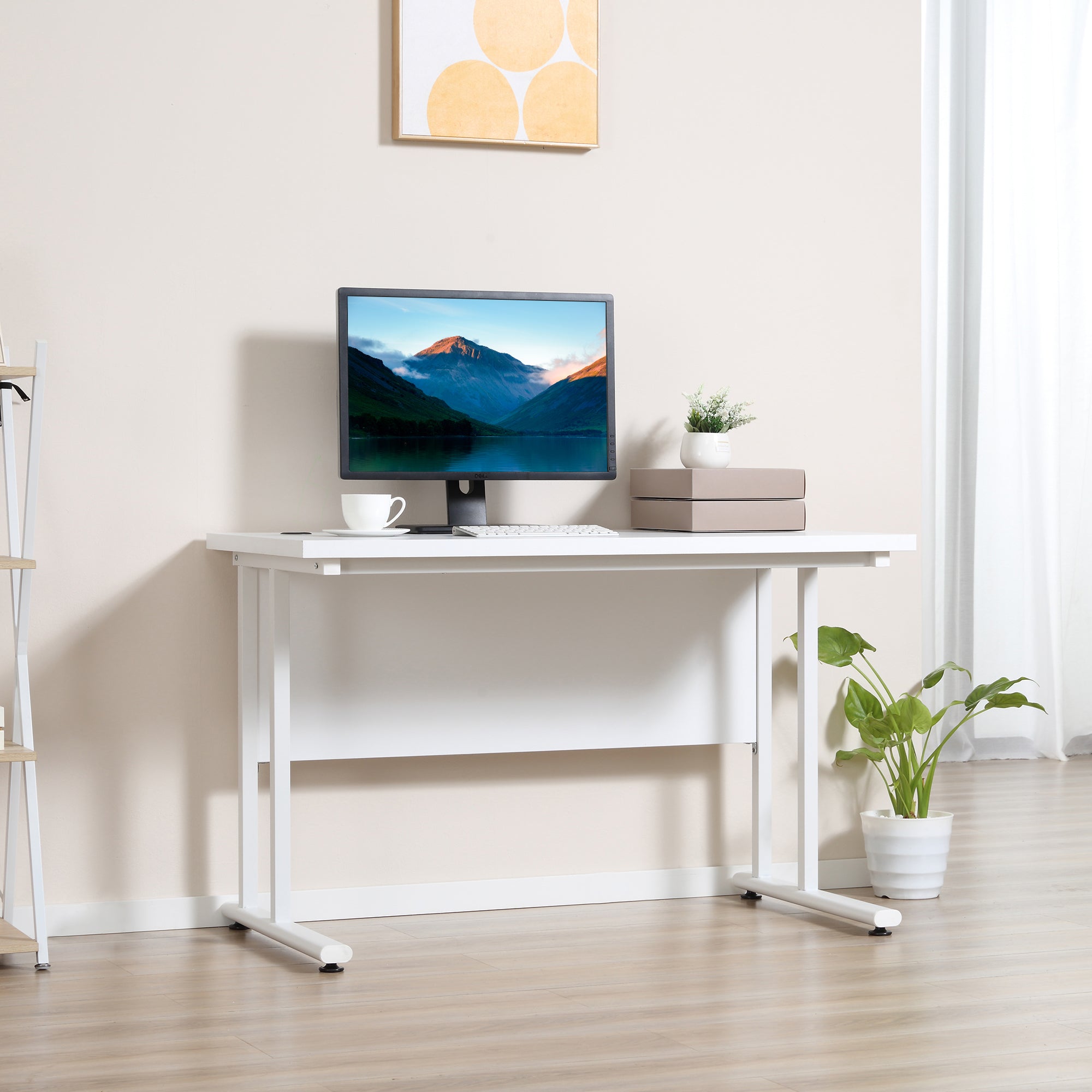 HOMCOM Computer Desk, Home Office Desk, Writing Table, 120x60x75cm Laptop Workstation with 2 Cable Management Holes, C Shaped Metal Legs for Adults, White - North Peak Garden Furniture