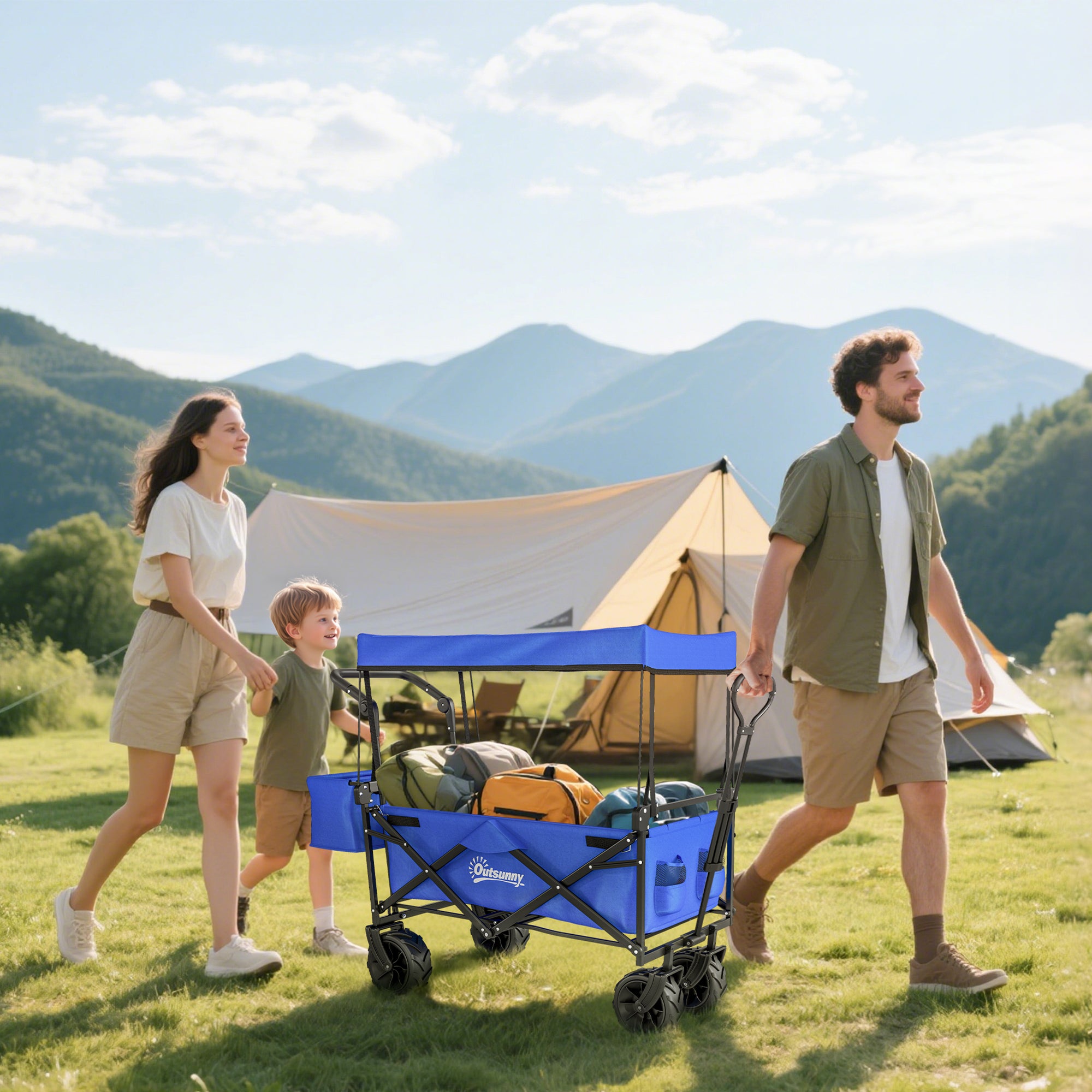 Outsunny Folding Trolley Cart Storage Wagon Beach Trailer 4 Wheels with Handle Overhead Canopy Cart Push Pull for Camping, Blue - North Peak Garden Furniture