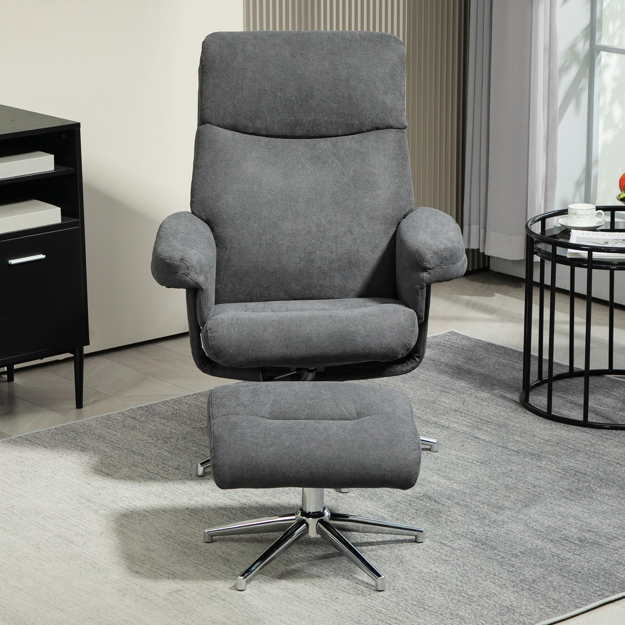 HOMCOM Recliner Chair with Footstool, Upholstered Velvet Fabric Armchair with Adjustable Back, Solid Wood Frame for Living Room, Charcoal Grey - North Peak Garden Furniture