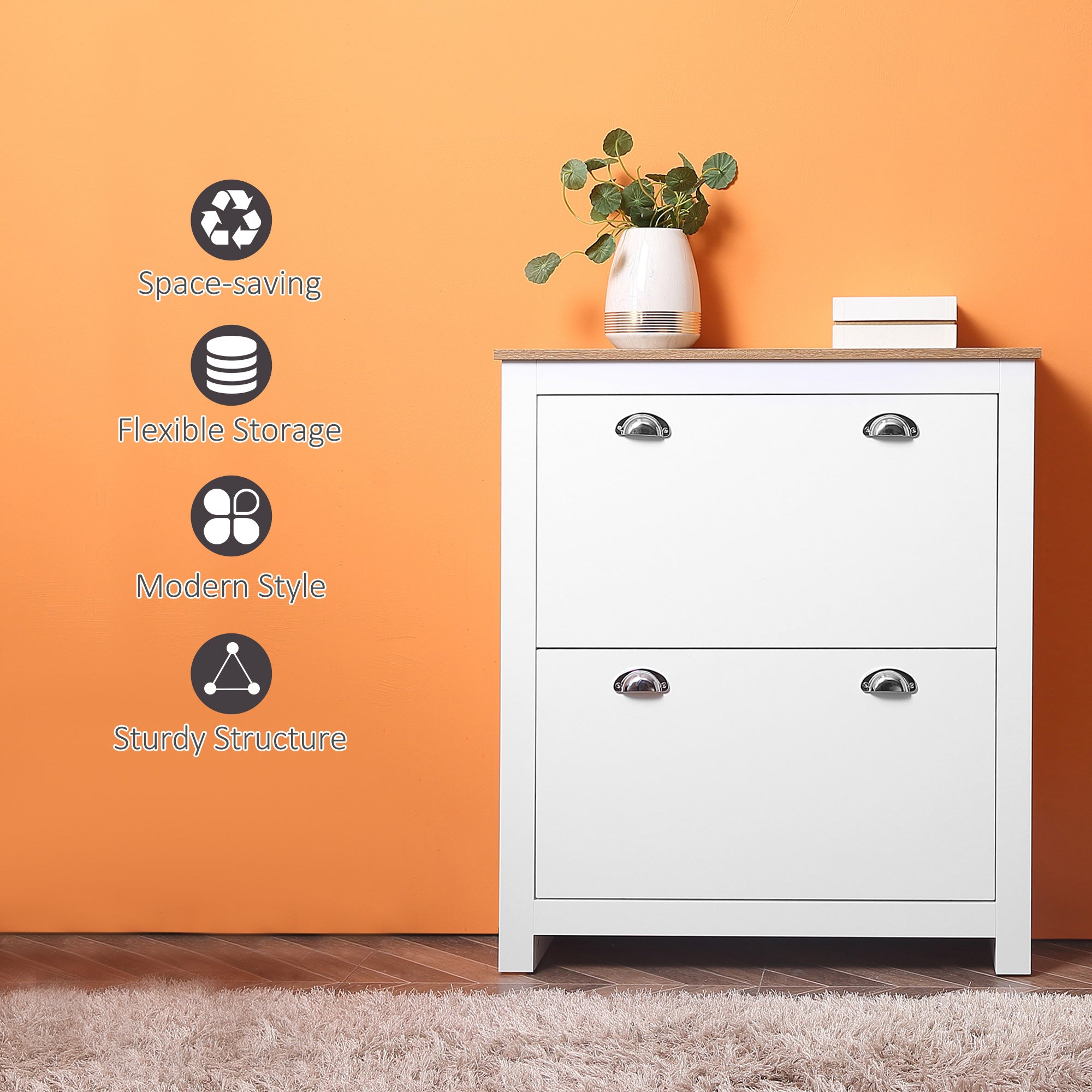 HOMCOM 2 Drawer Shoe Cabinet Modern Narrow Shoe Cupboard Hallway Wooden Storage Organiser with Flip Doors Adjustable Shelf for 12 Pairs White - North Peak Garden Furniture