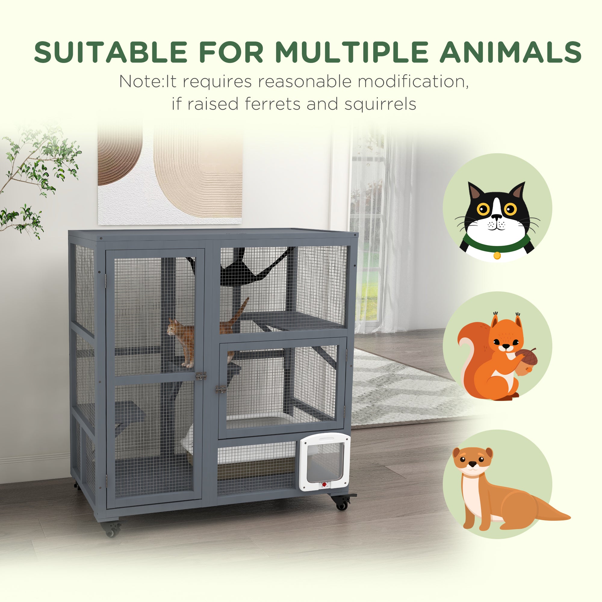 PawHut Cat House, Wooden Outdoor Catio Cat Enclosure on Wheels, Wooden Kitty Cage with Platforms, Hammock, Light Grey