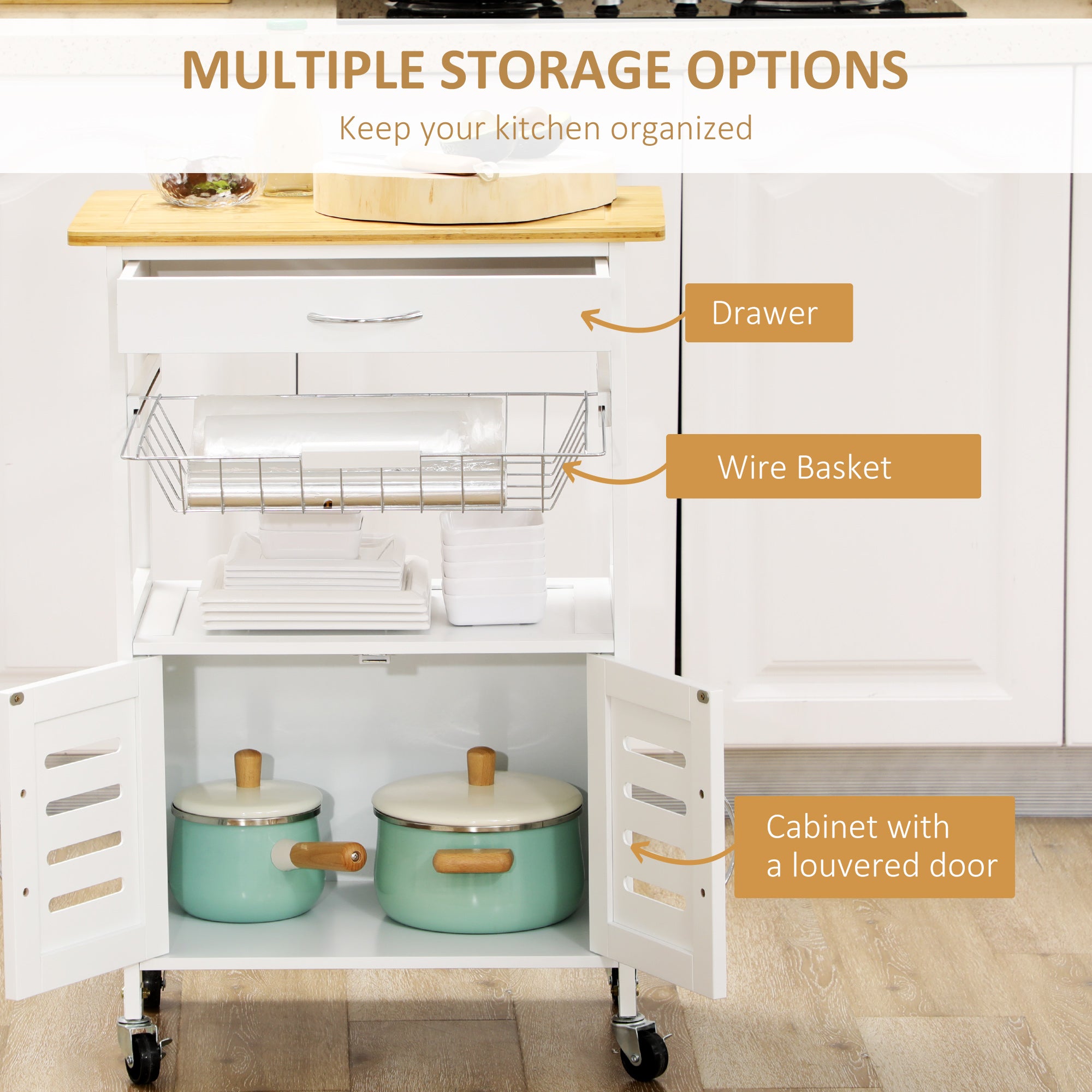 HOMCOM Rolling Kitchen Island Trolley Utility Cart on Wheels with Bamboo Table Top, Storage Cabinet, Drawer and Wire Basket - North Peak Garden Furniture