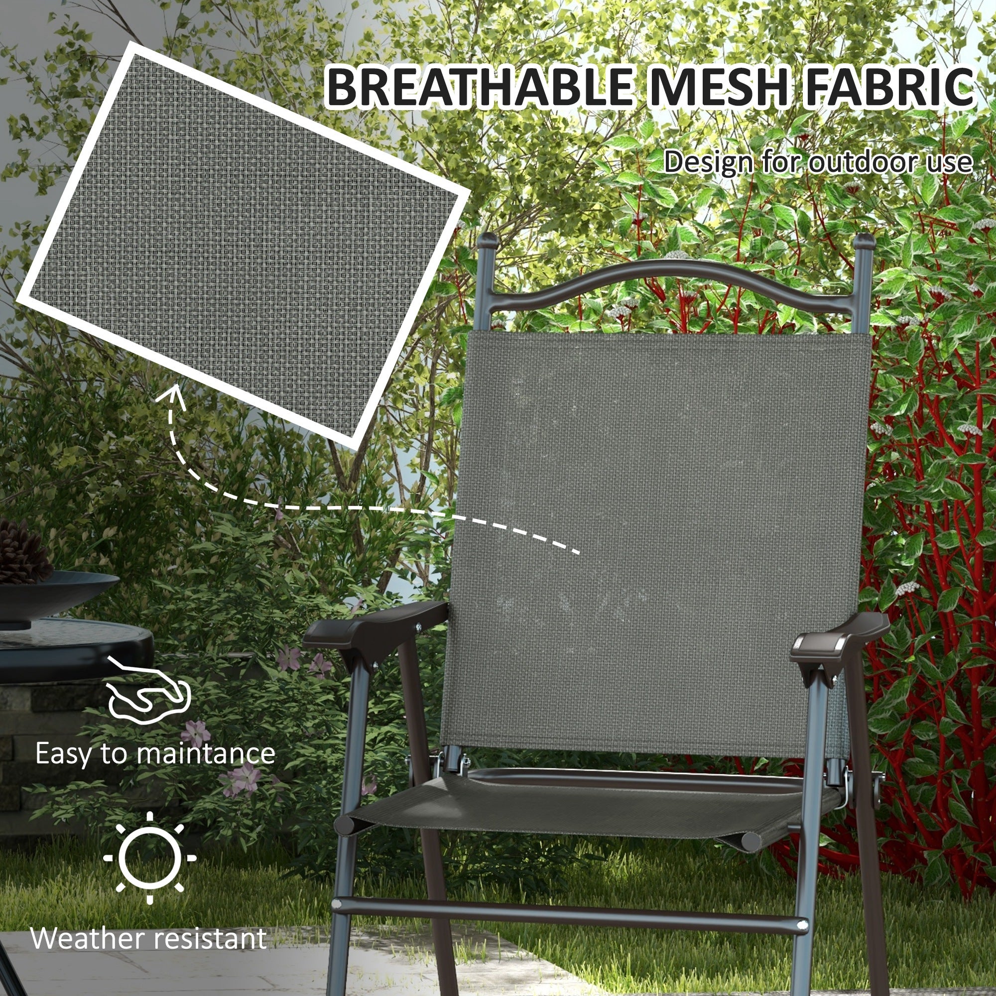 Outsunny Set of Two Folding Garden Chairs, with Fabric Mesh Seats - Dark Grey - North Peak Garden Furniture