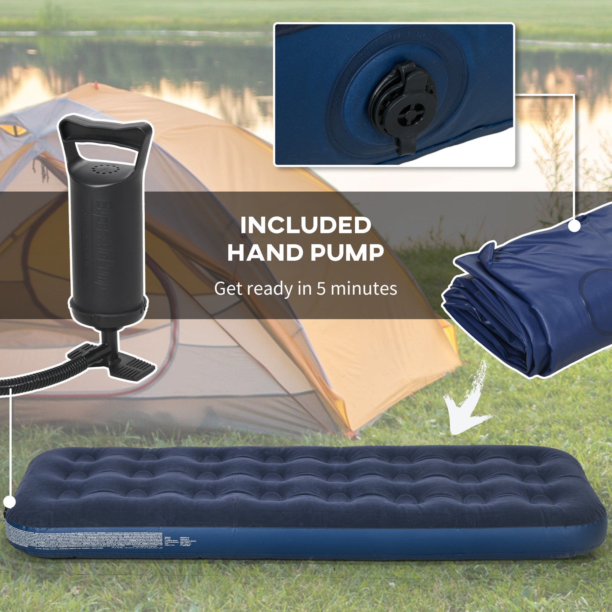 Outsunny Single Air Mattress with Hand Pump, Portable Air Bed with Flocked Surface, 191 x 73 x 22cm, Blue - North Peak Garden Furniture