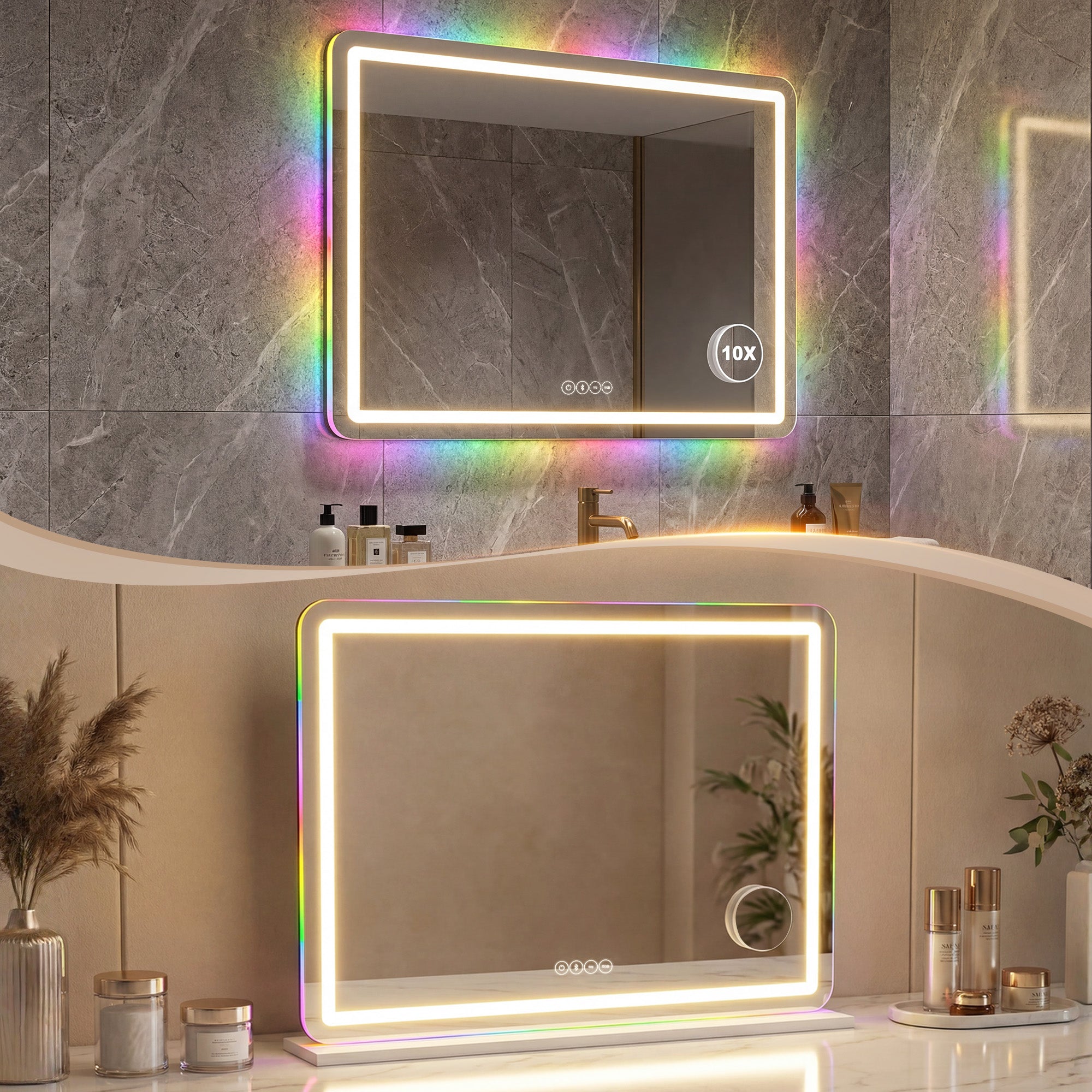 HOMCOM Vanity Mirror with Lights, Dimmable Makeup Mirror with Adjustable Colour Temperature, RGB Light, Bluetooth Speaker White