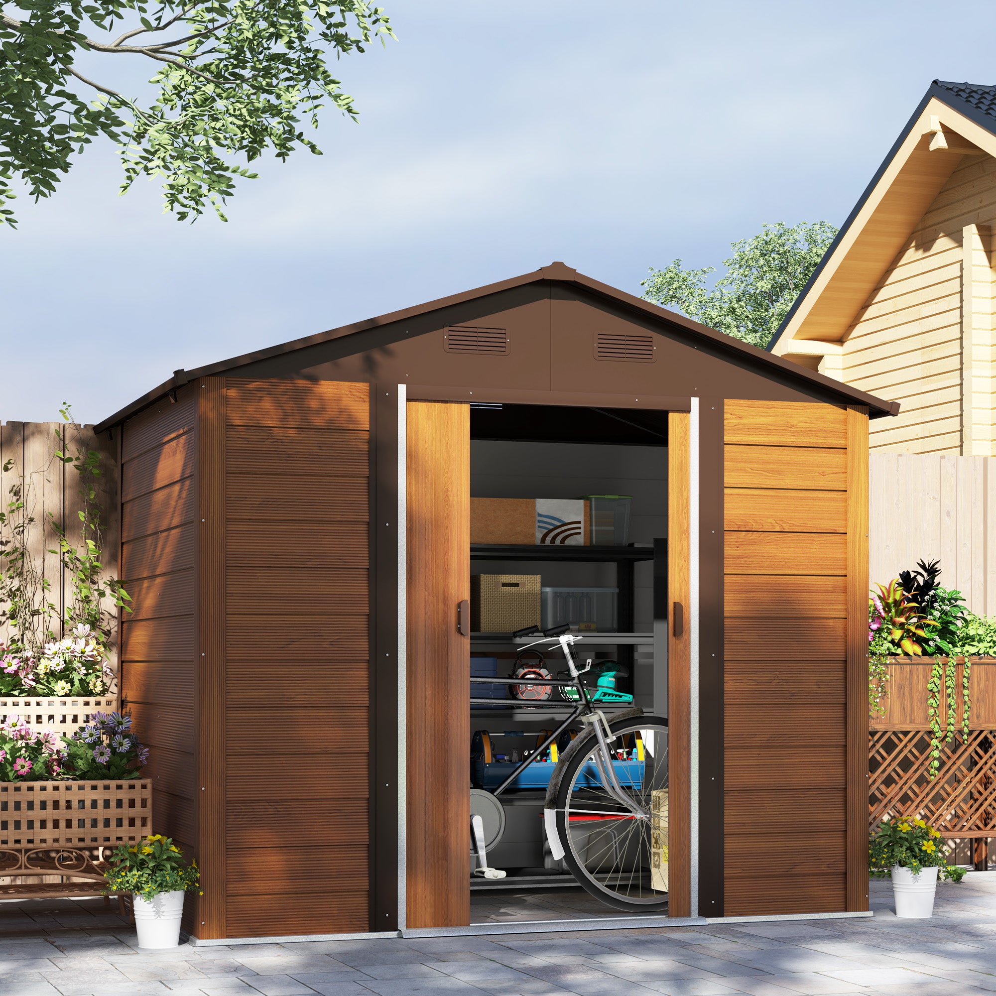 Outsunny 6 x 8ft Galvanised Steel Shed - Brown Wood-Effect - North Peak Garden Furniture